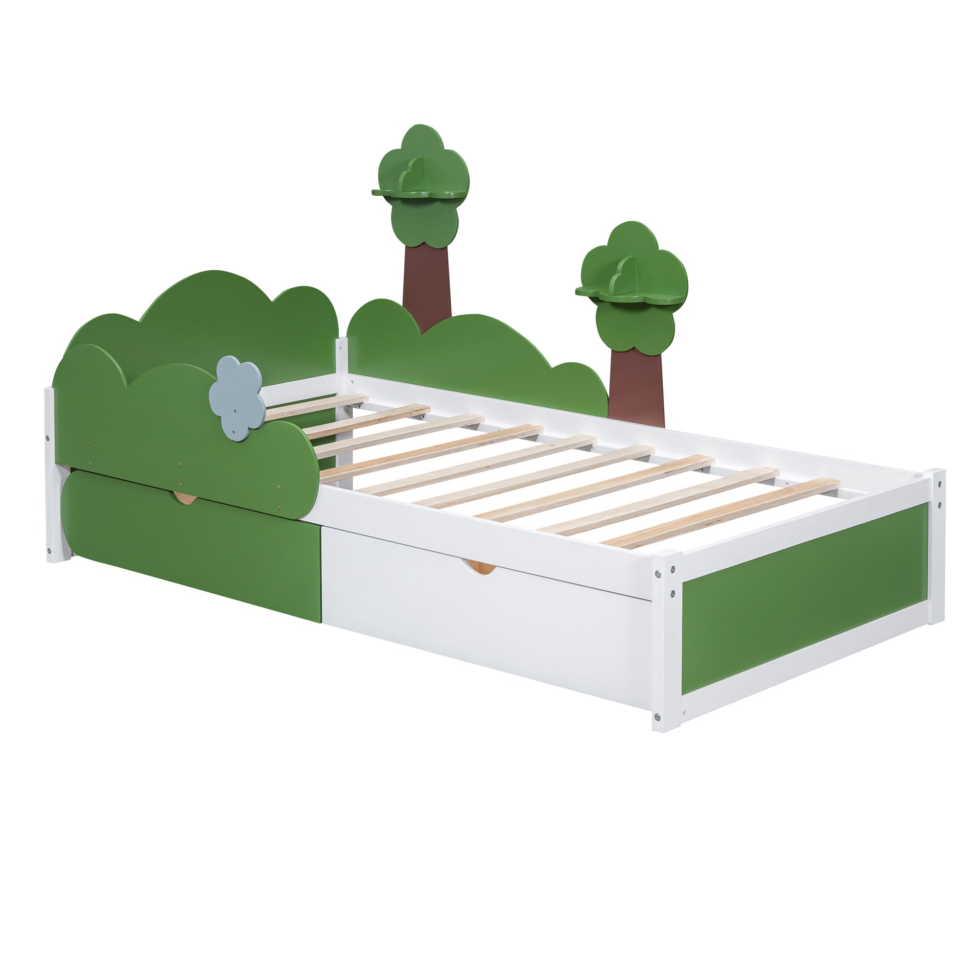 Twin Size Bed with Grass Hill and Trees Decor