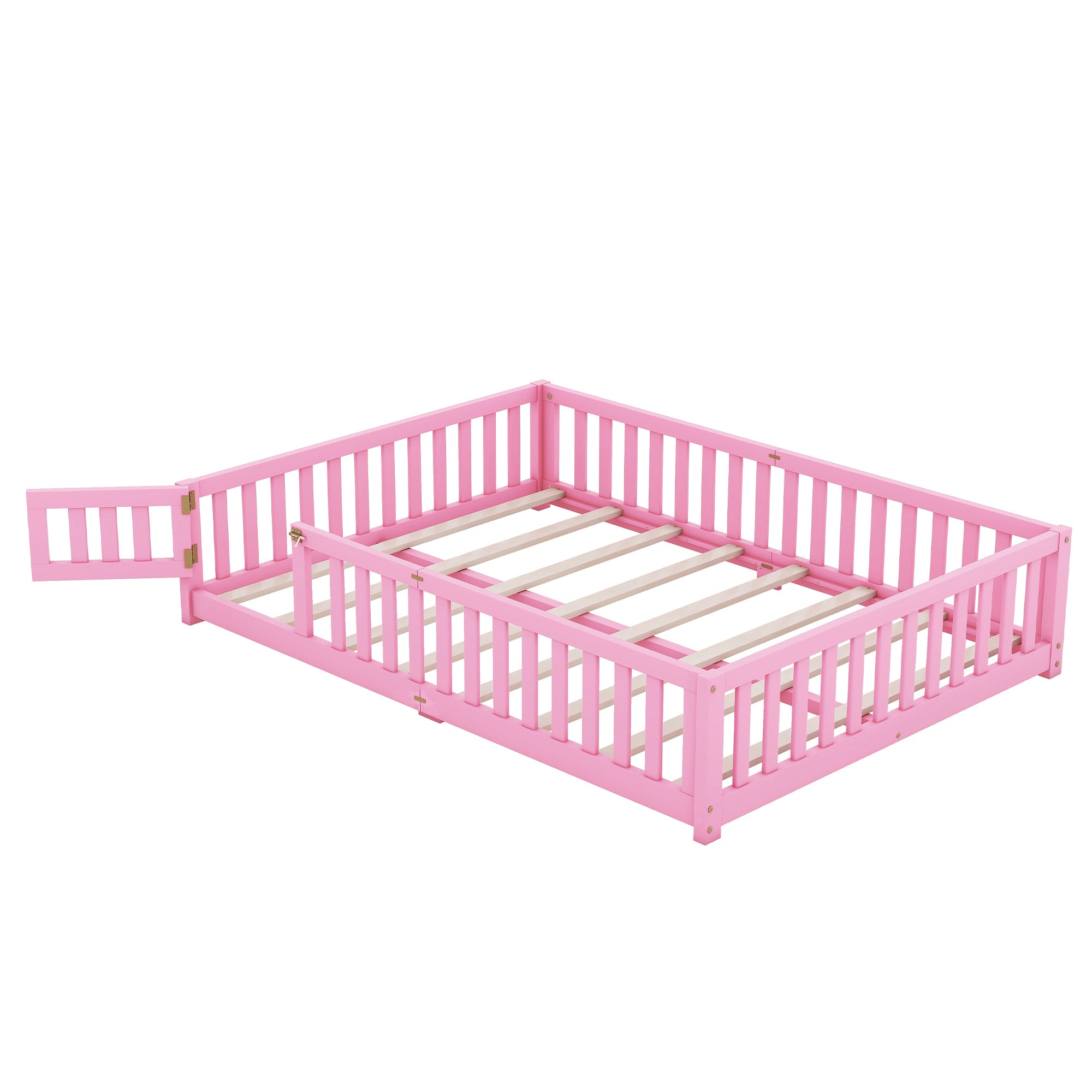 Queen Size Bed Floor Bed with Safety Guardrails and Door for Kids, Pink (Expect Arrival Date Nov.2nd)