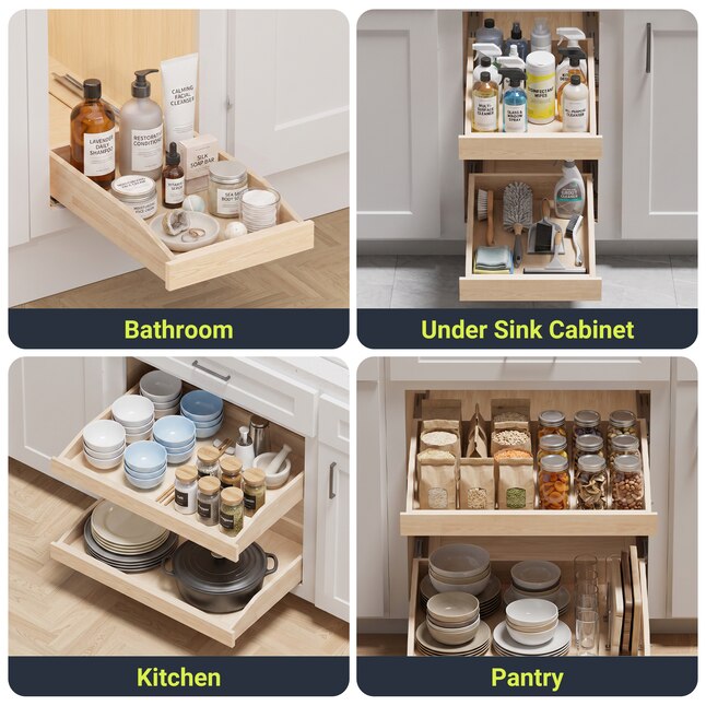 Wooden Pull-Out Cabinet Shelf Organizer with Soft Close Cabinet Drawers Slide Out for Kitchen Base Cabinet