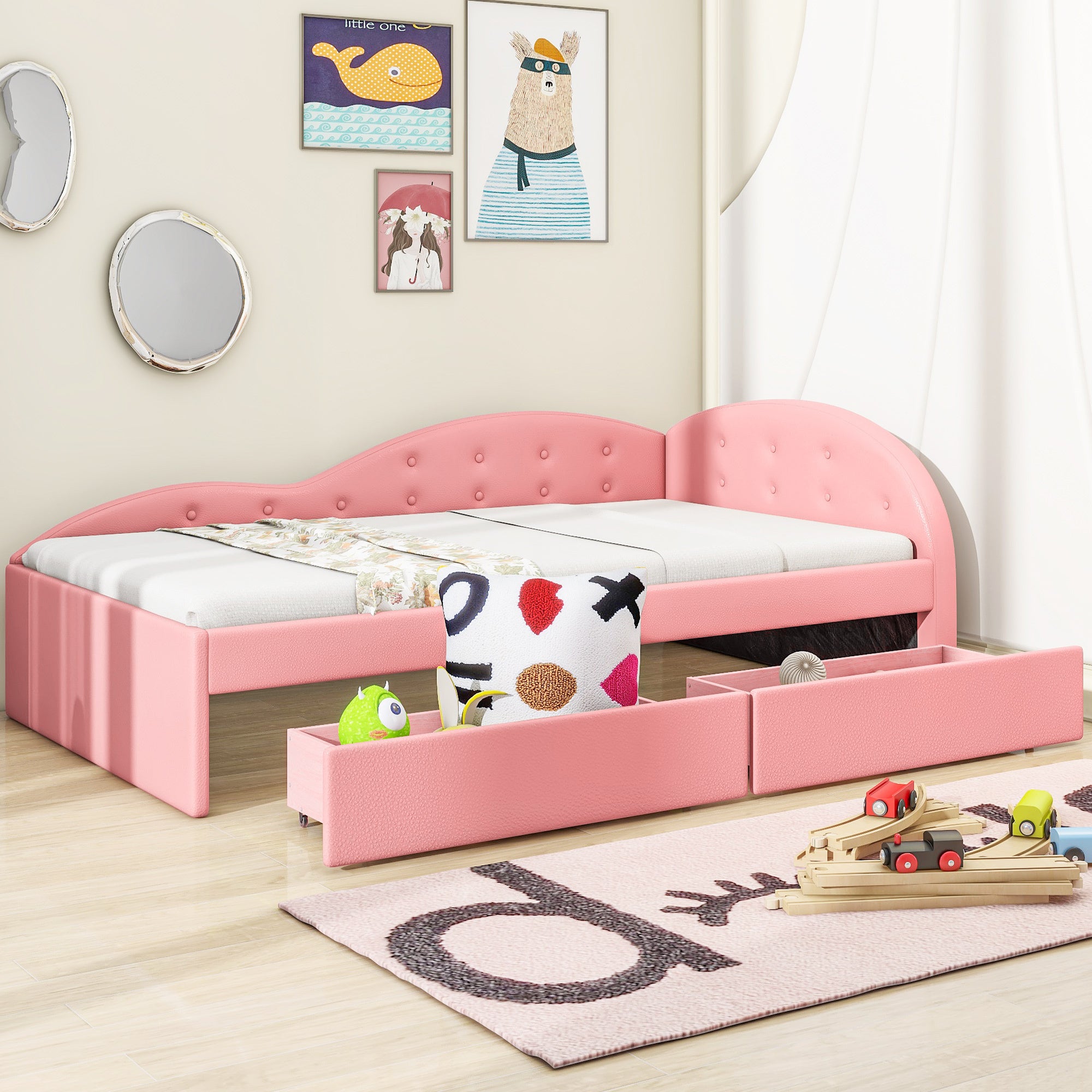 Twin Size PU Upholstered Tufted Daybed with Two Drawers and Cloud Shaped Guardrail, Pink