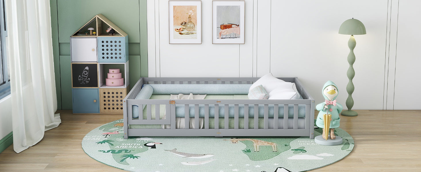Queen Size Bed Floor Bed with Safety Guardrails and Door for Kids, Gray (Expect Arrival Date Nov.2nd)