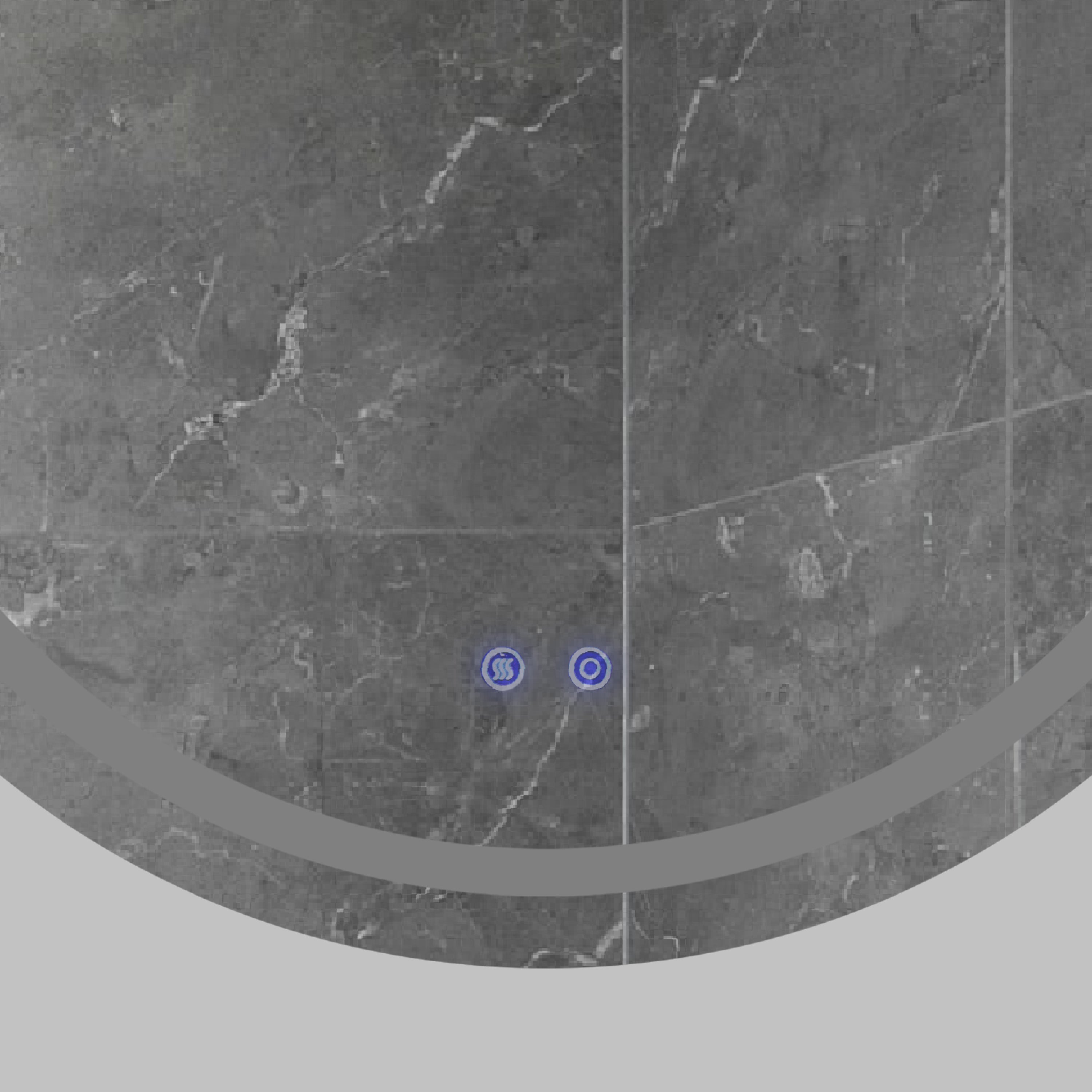 32 x 32 Inch Round Frameless LED Illuminated Bathroom Mirror, Touch Button Defogger, Metal, Frosted Edges, Silver