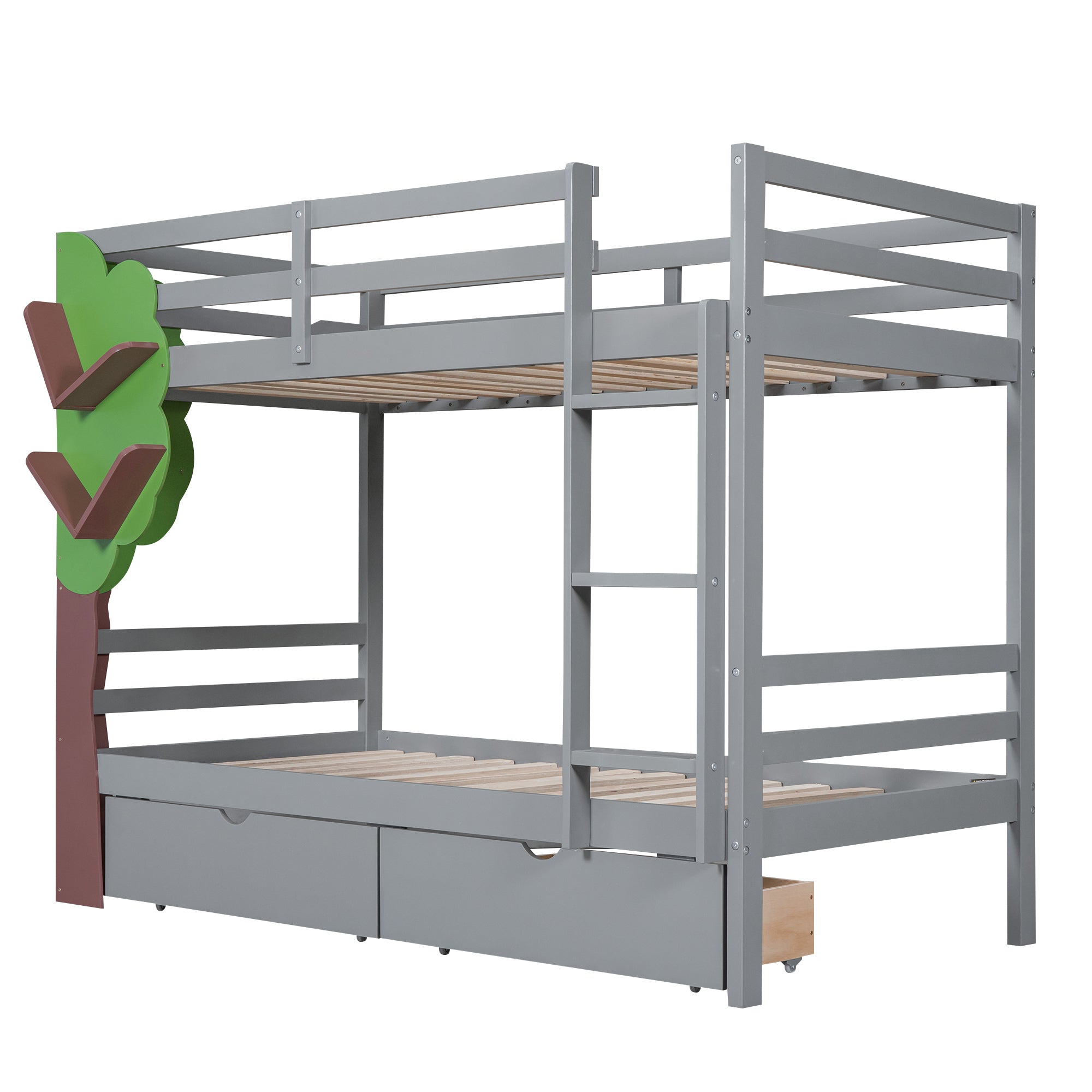 Twin-Over-Twin Bunk Bed with  a Tree Decor and Two Storage Drawers, Gray