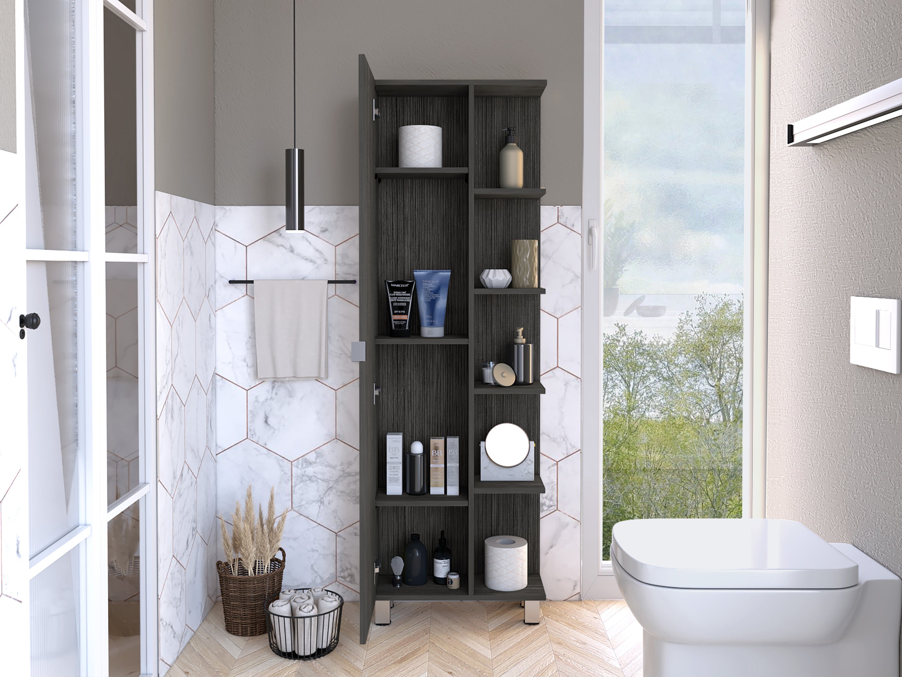Urano Mirror Linen Cabinet, Four Interior  Shelves, Five External Shelves -Smokey Oak