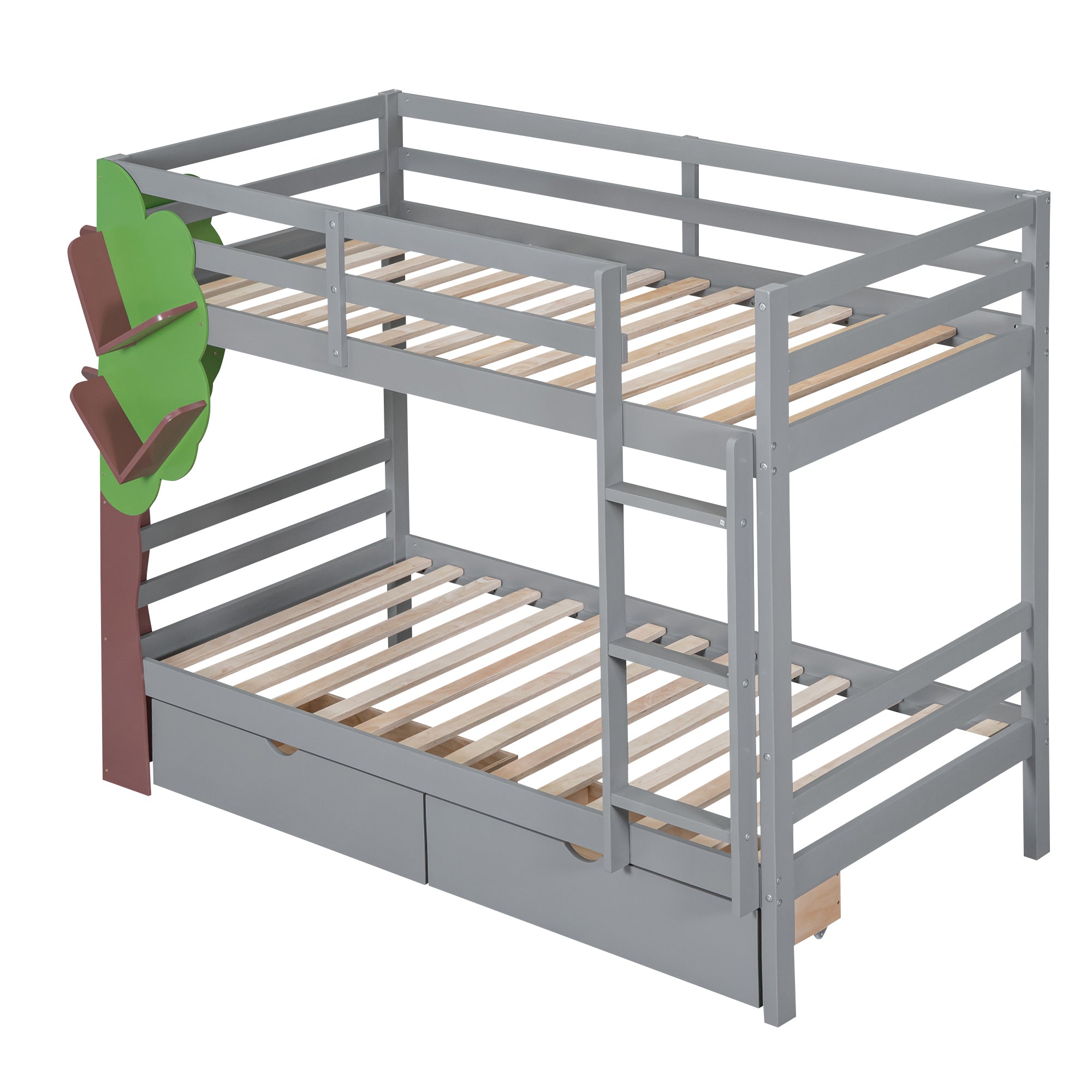 Twin-Over-Twin Bunk Bed with  a Tree Decor and Two Storage Drawers, Gray