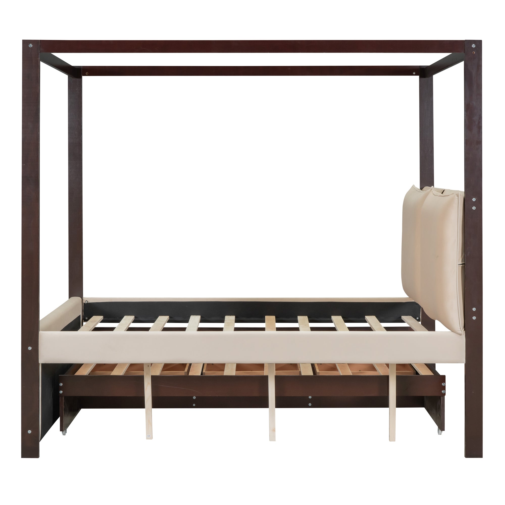 Full Size Upholstered  Canopy Bed with Trundle and 3 Drawers, Beige