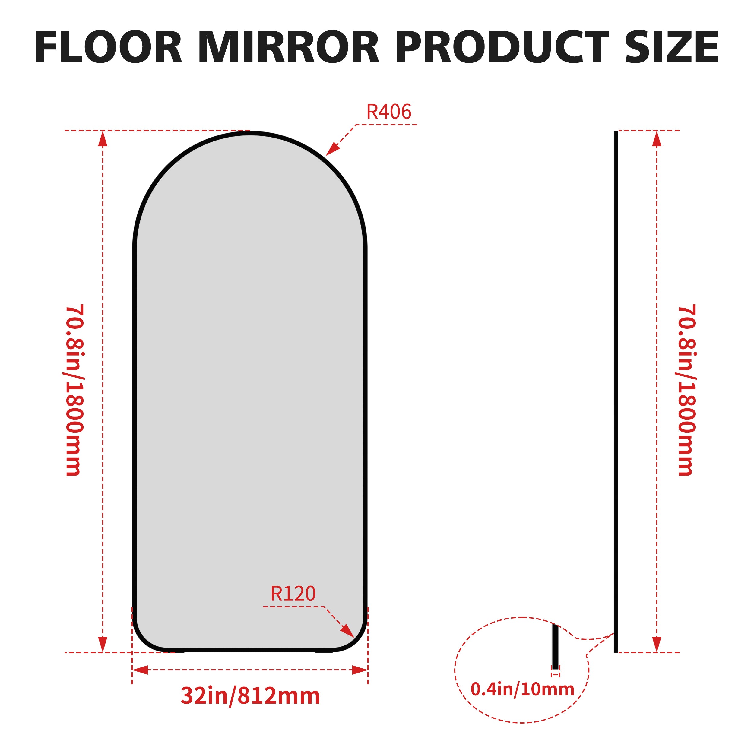 Arch Full Length Mirror 71"×32"  Big Full Body Mirror for Bedroom Oversized Floor Mirror Large Standing Mirror Living Room Dressing Mirror Leaning Against Wall, Aluminum Frame, Black