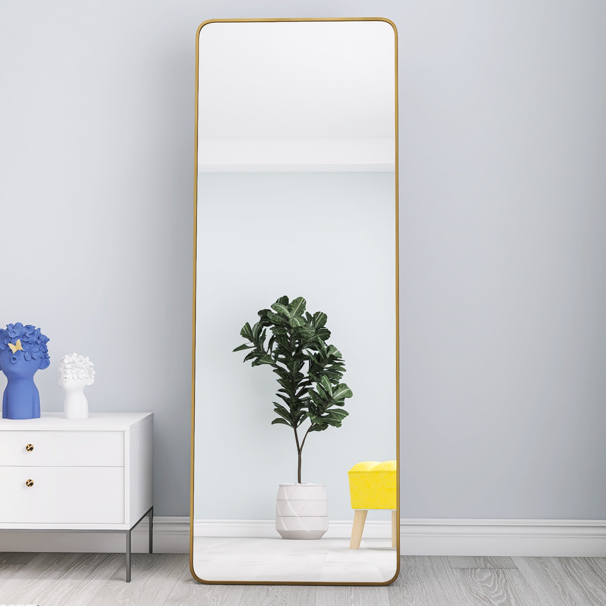 square rounded corners  Full Length Mirror Floor Mirror Hanging Standing or Leaning, Bedroom Mirror Wall-Mounted Mirror Dressing Mirror with Gold Aluminum Alloy Frame，65" x 22"