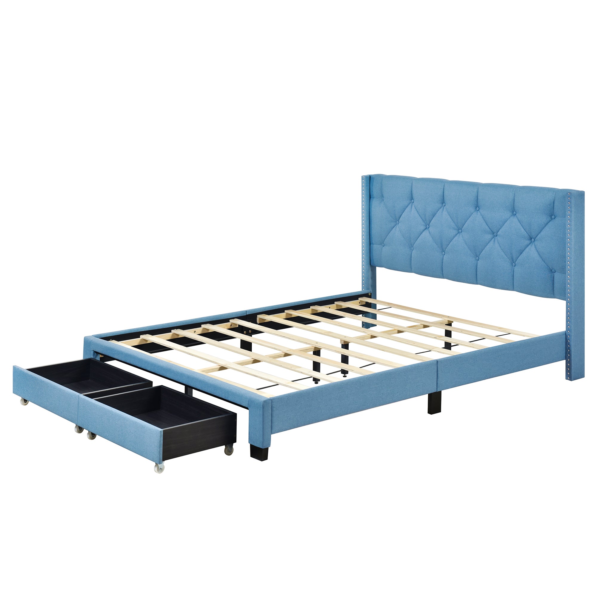 Queen Size Storage Bed Linen Upholstered Platform Bed with Two Drawers - Blue