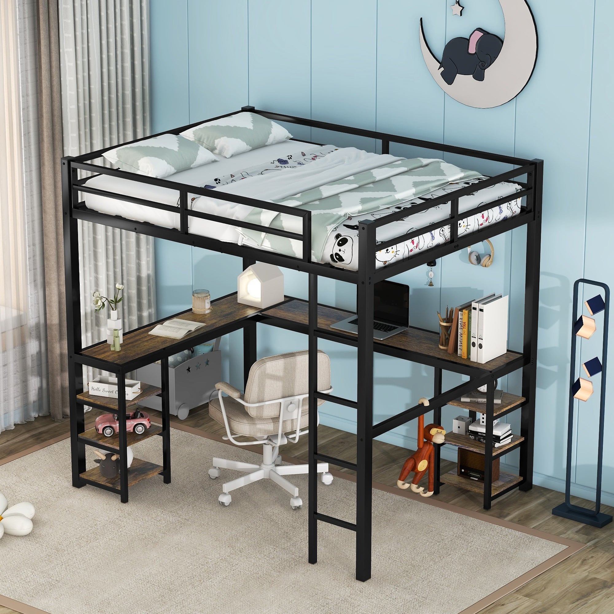 Full Metal Loft Bed with Desk and Shelves, Loft Bed with Ladder and Guardrails, Loft Bed Frame for Bedroom (Black)  (Old SKU: W1307S00009)