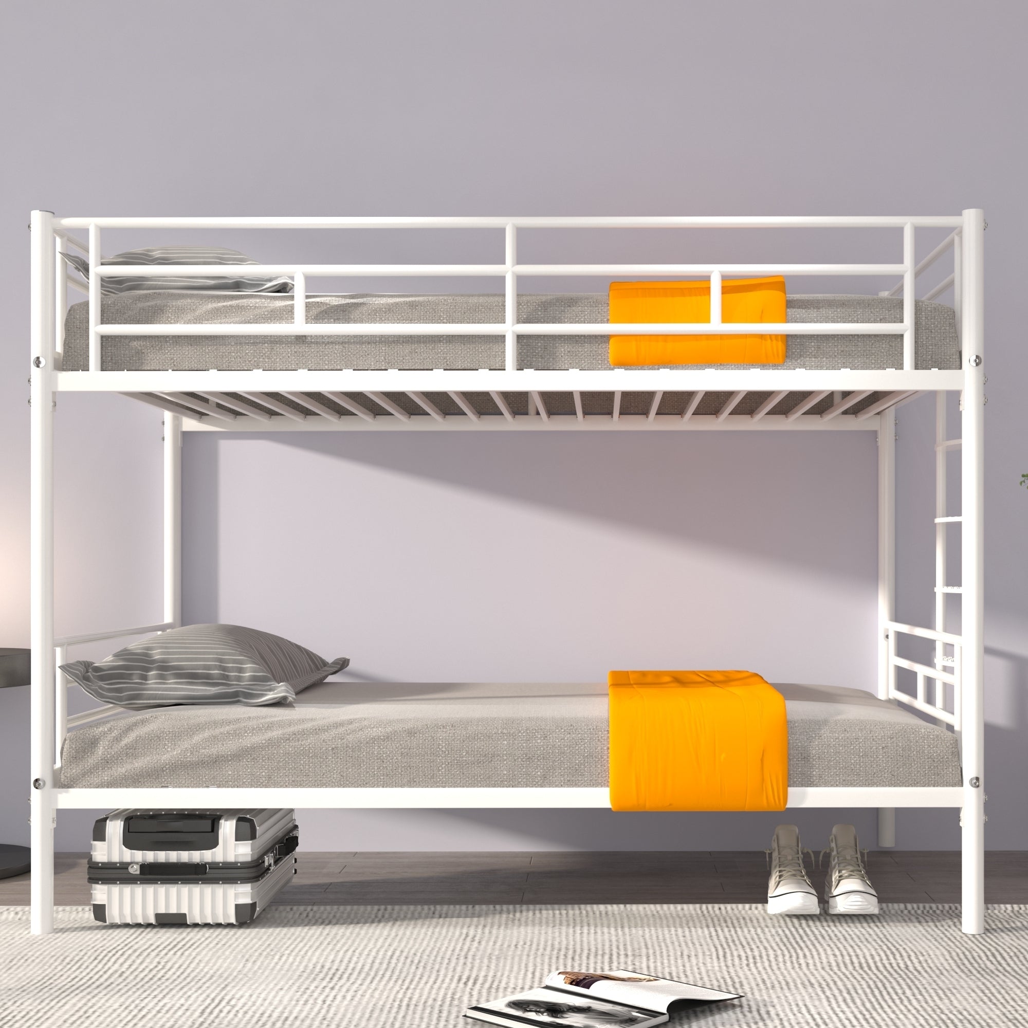 White Twin over Twin Metal Bunk Bed with Removable Ladder, Comfortable Rungs, Easy to assemble