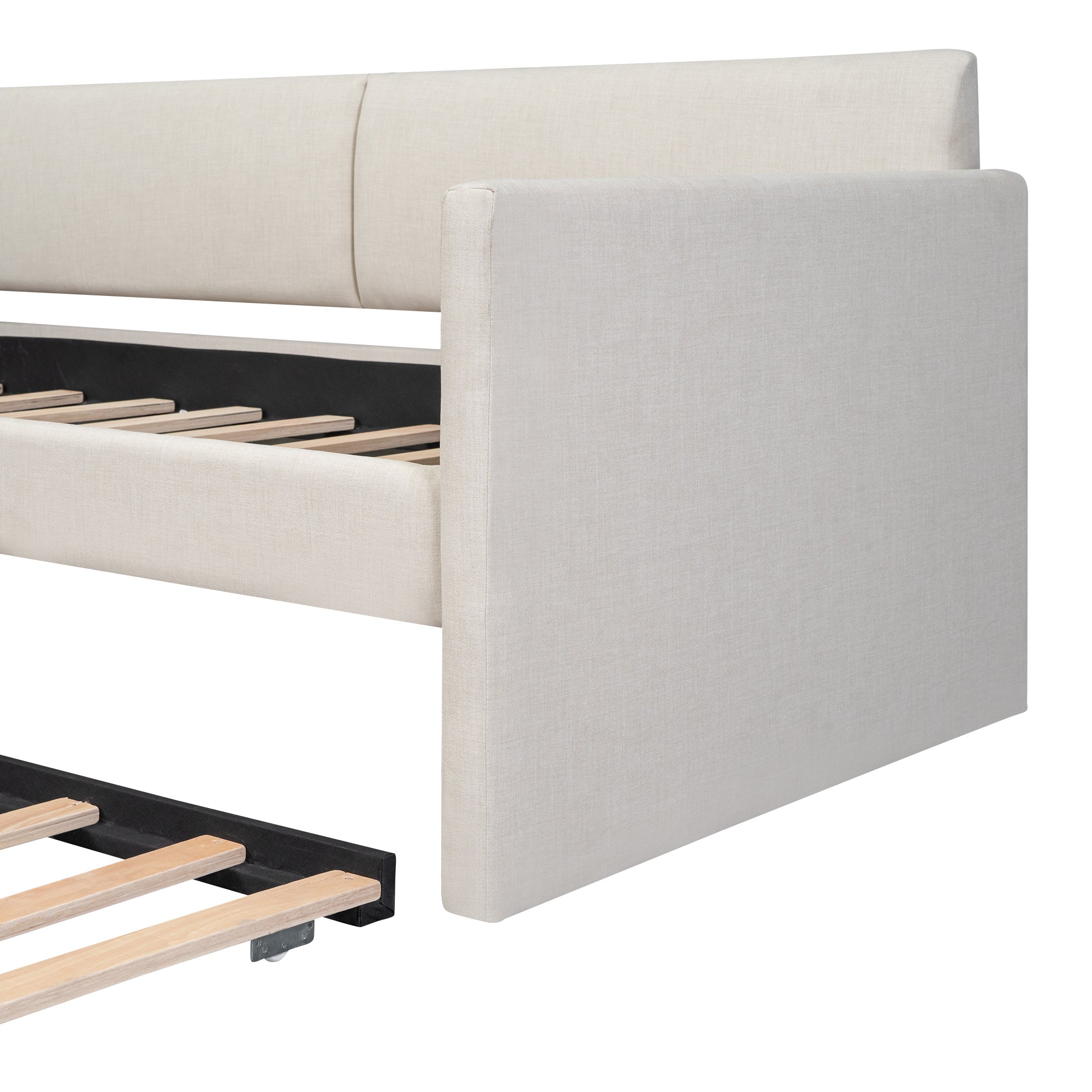 Twin Size Upholstery Daybed with Storage Arm, Trundle, Cup Holder and USB Design, Beige