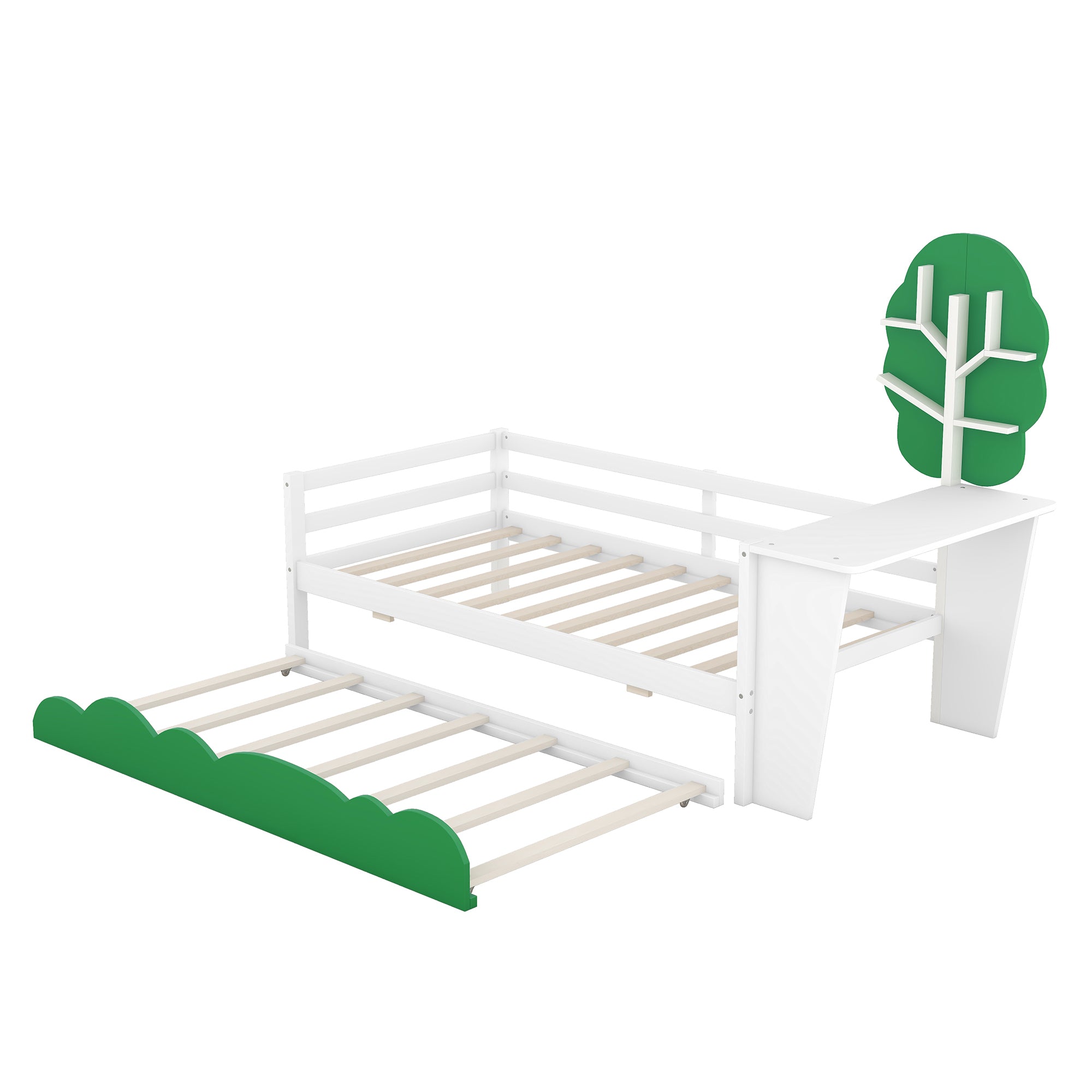 Twin Size Daybed with Desk, Green Tree Shape Shelves and Trundle, White