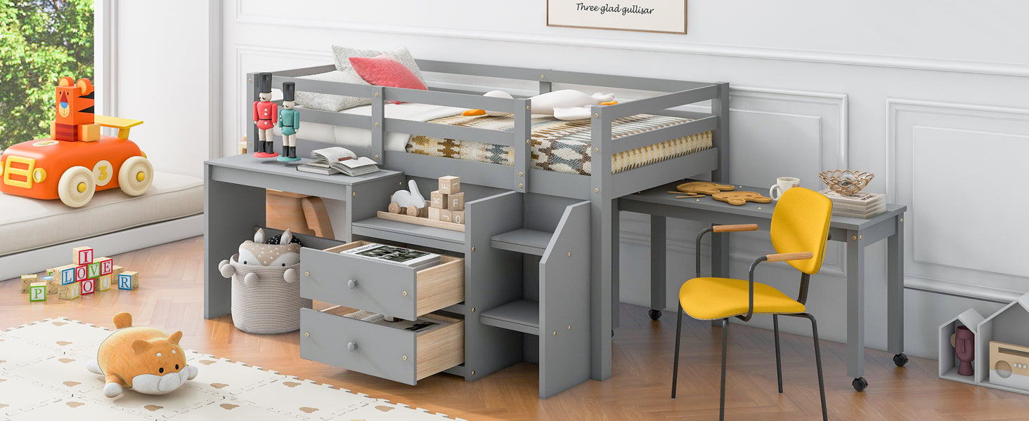 Twin Size Loft Bed with Desk and Drawers, Wooden Loft Bed with Lateral Portable Desk, Gray