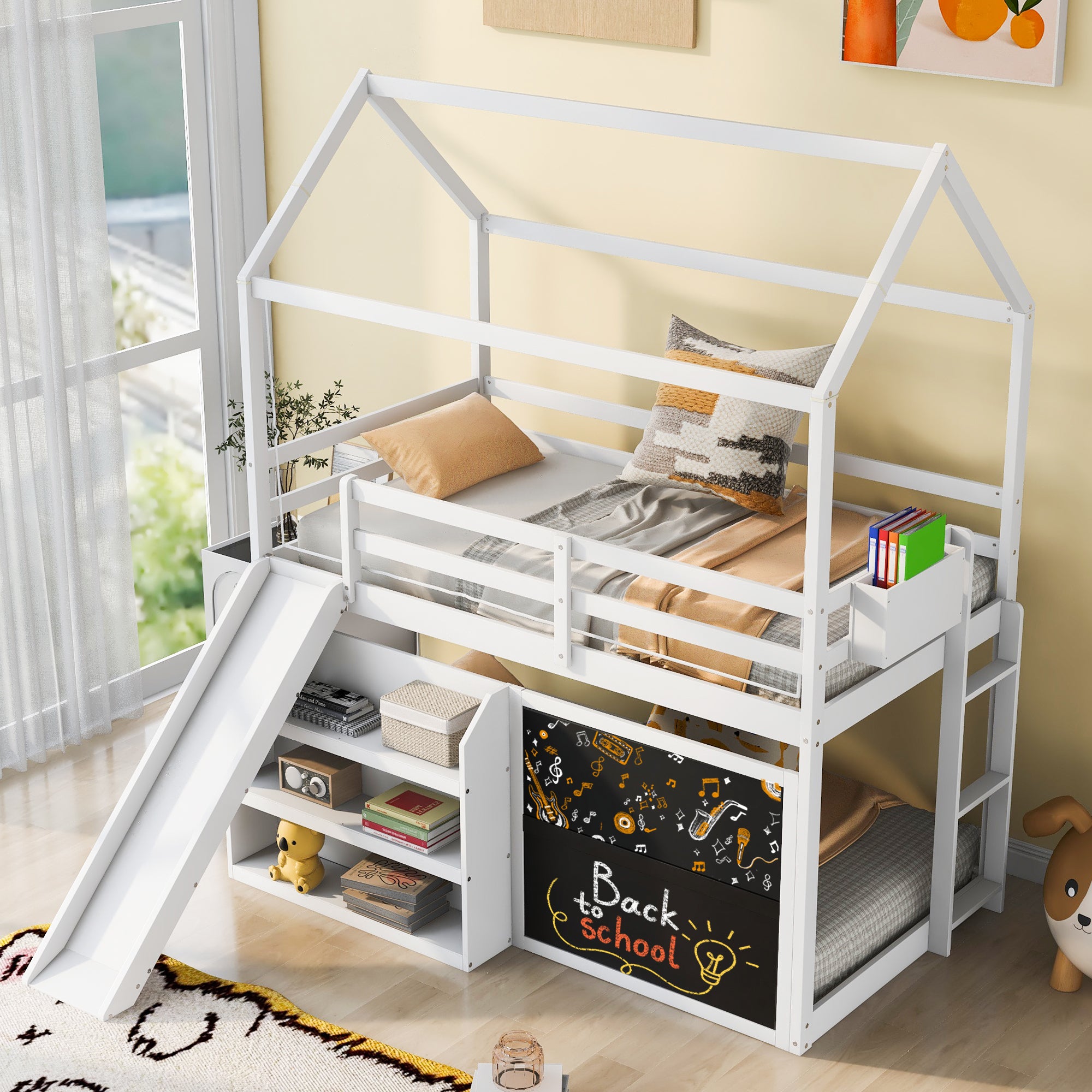 Twin over Twin House Bunk Bed with Blue Tent, Slide, Shelves and Blackboard, White