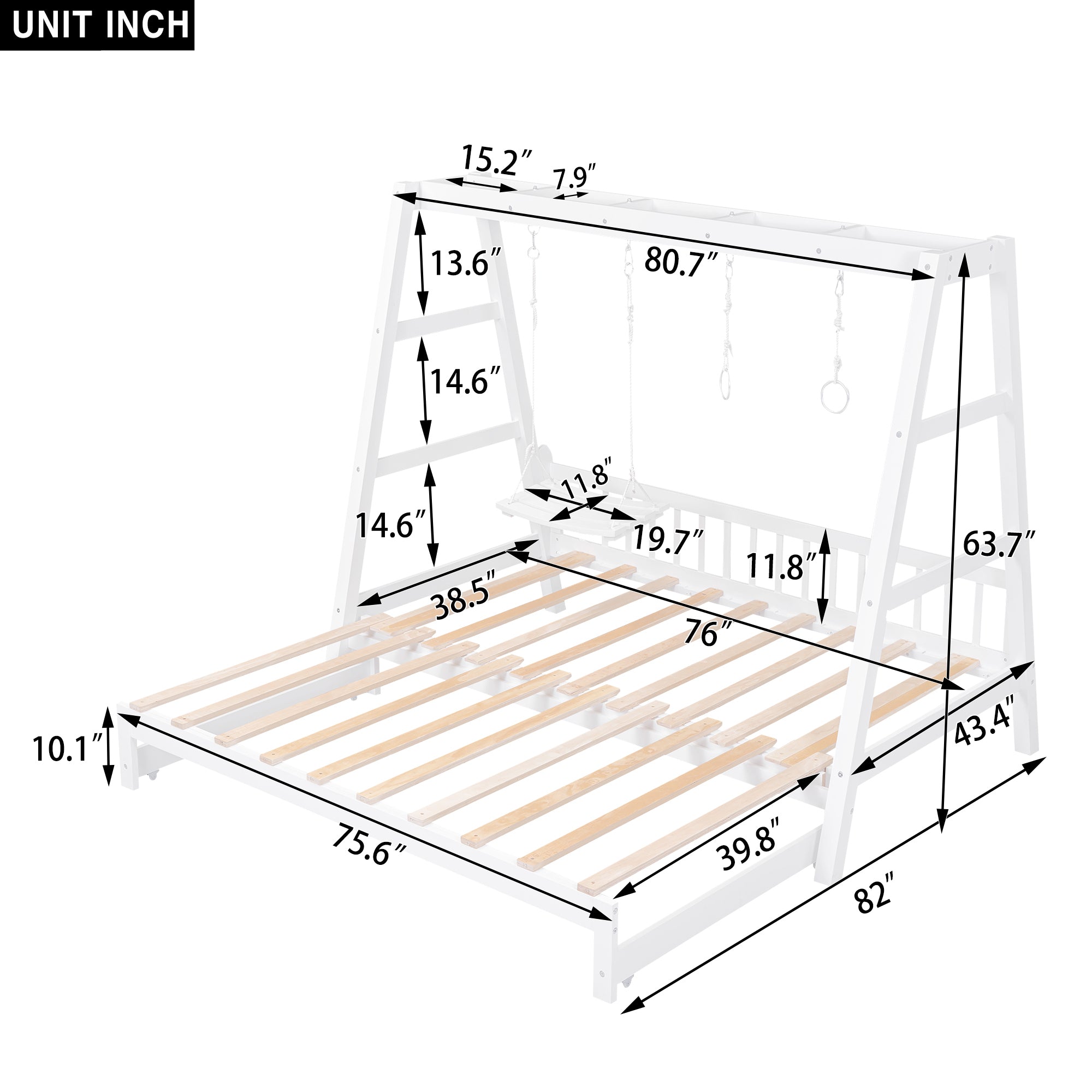Extendable Twin Daybed with Swing and Ring Handles, White(Twin bed can be pulled out to be King)