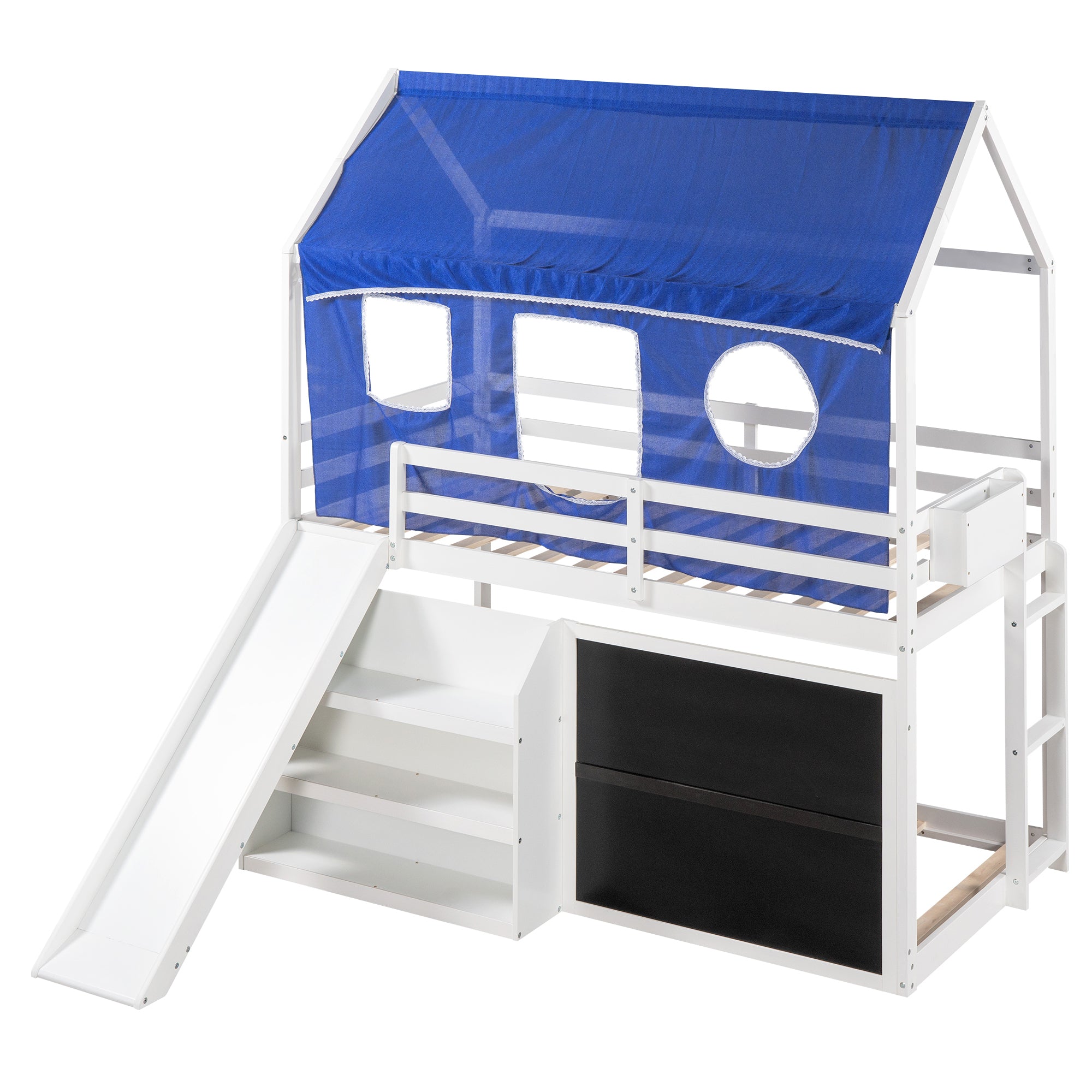 Twin over Twin House Bunk Bed with Blue Tent, Slide, Shelves and Blackboard, White