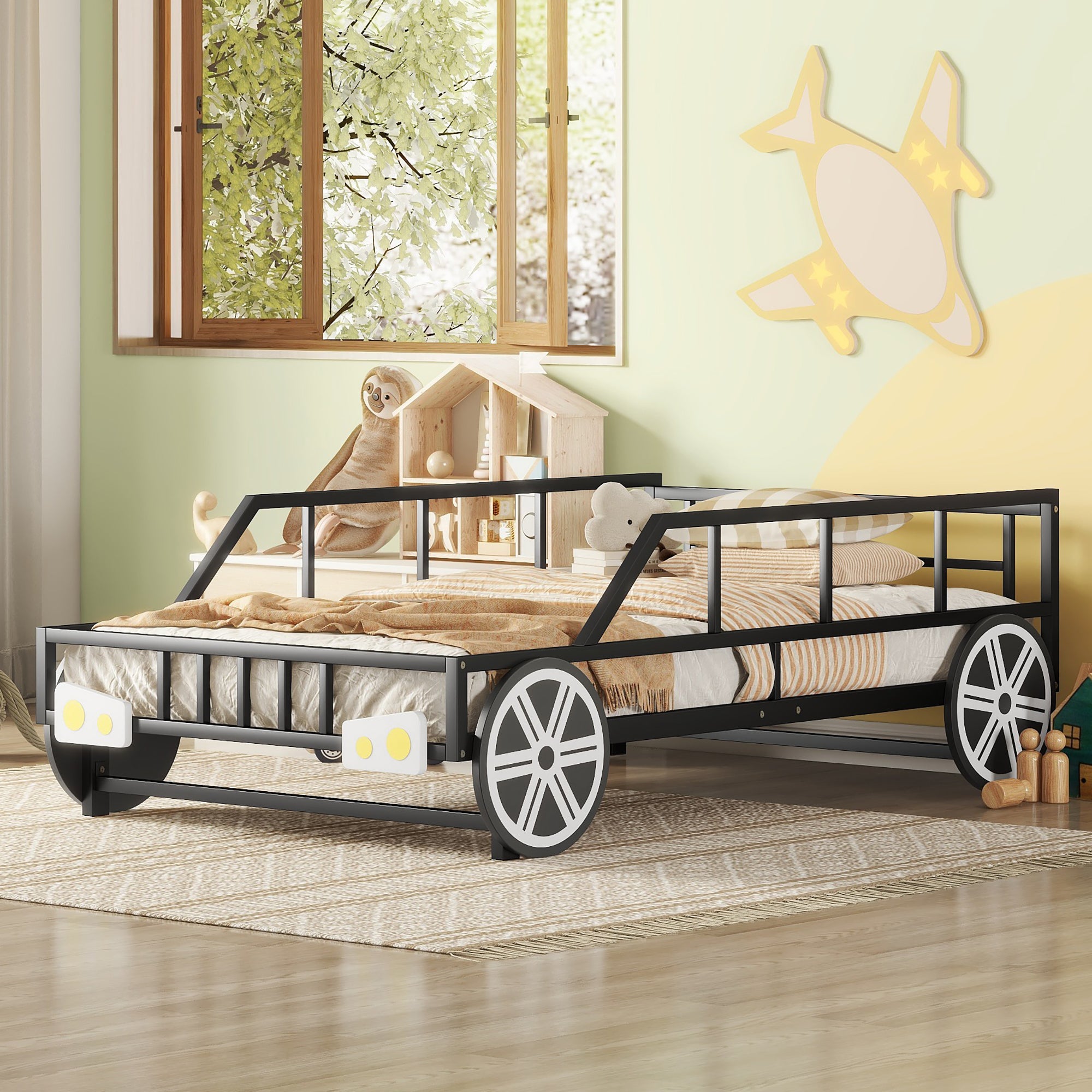 Metal Twin Size Car-shaped Platform Bed with Wheels and Headlights Decoration, Black