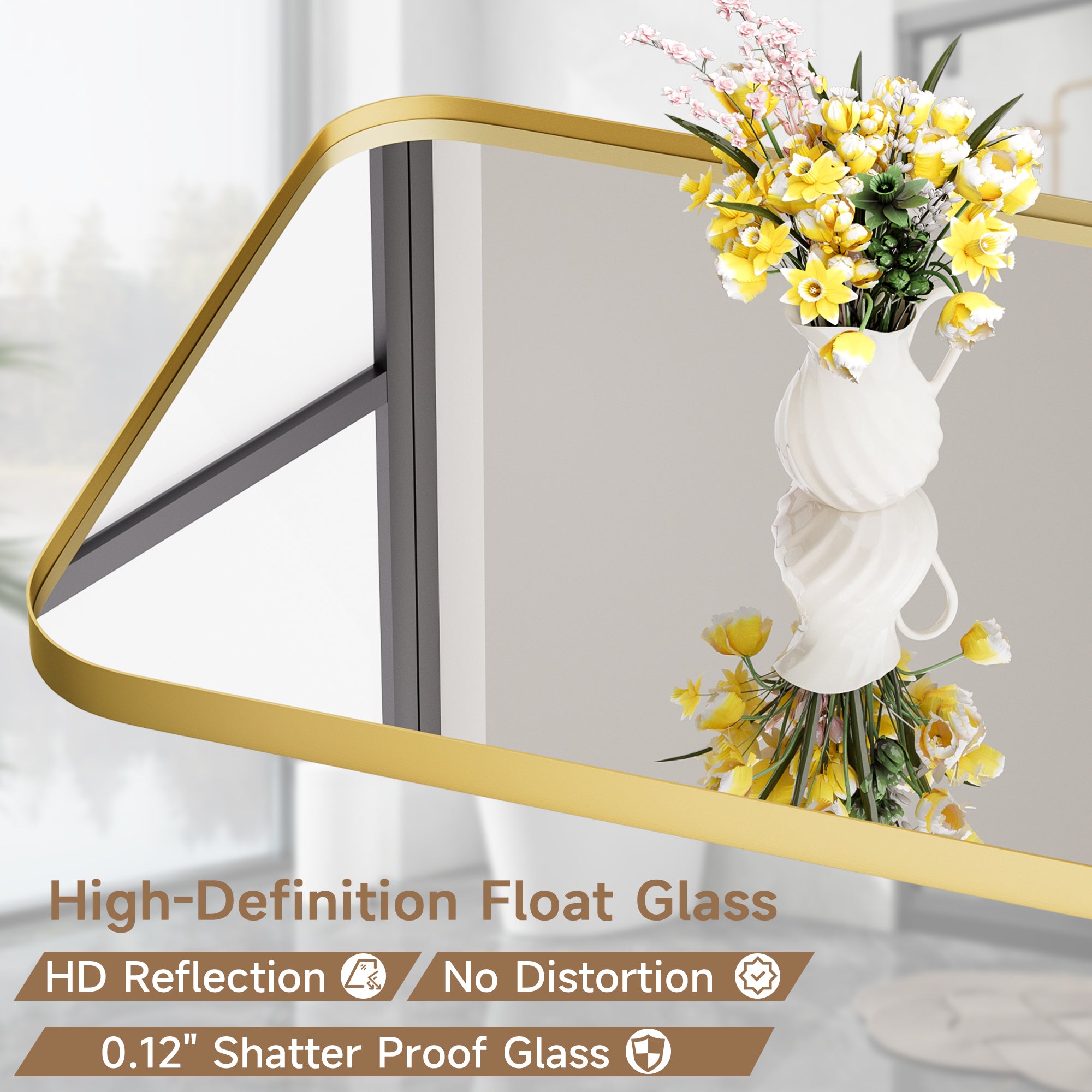 24 in. W x 36 in. H Tempered Glass Rectangular Framed Wall-Mounted Bathroom Vanity Mirror in Gold