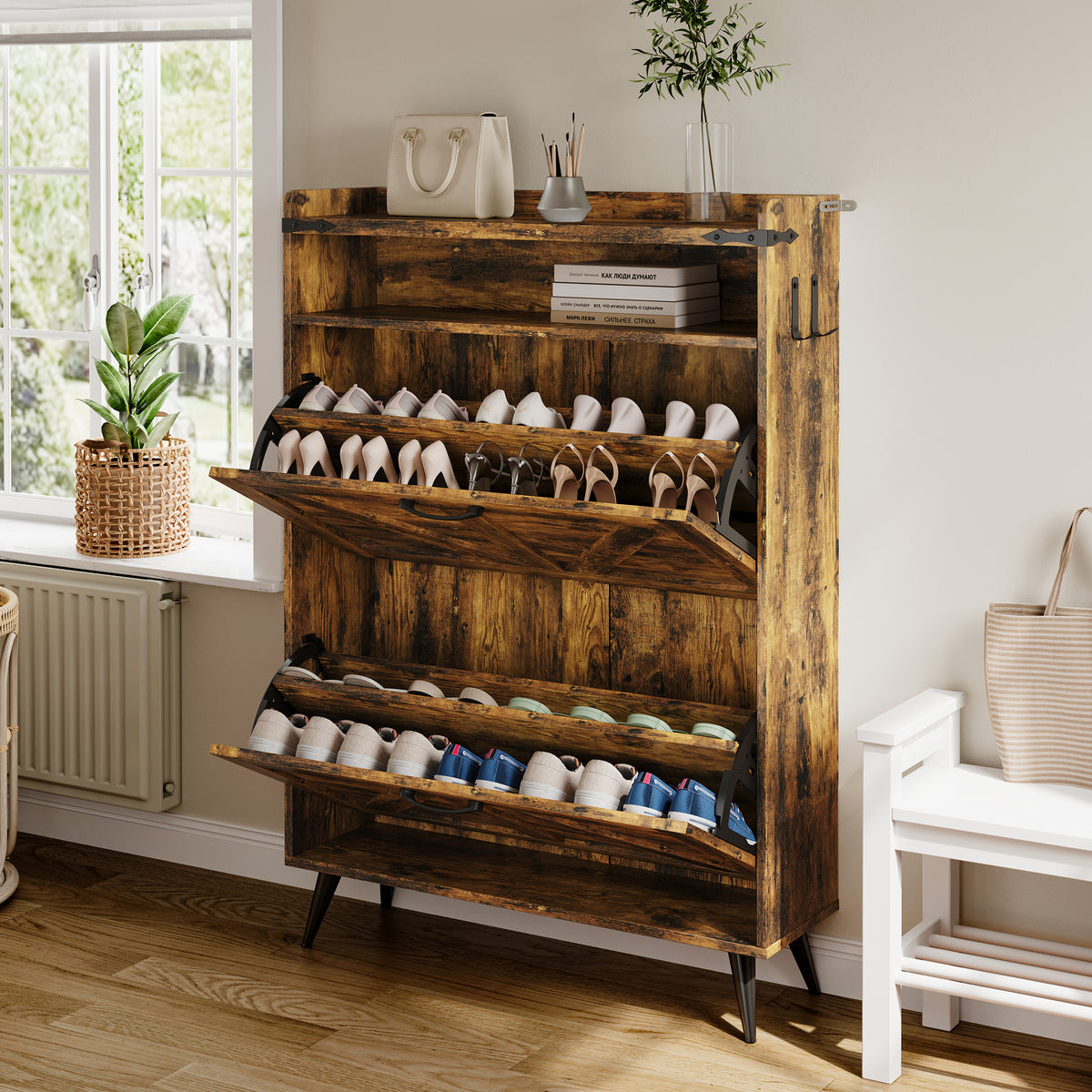 Farmhouse Shoe Rack, Freestanding Shoe Cabinet with 2 Flip Drawers for Entryway
