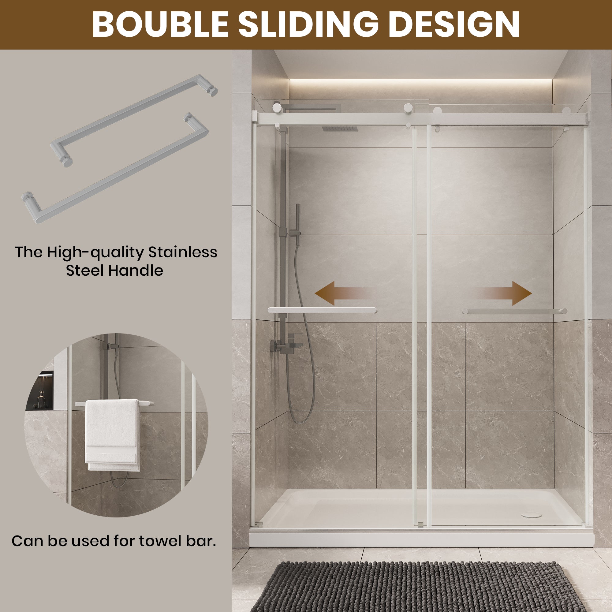 56 to 60'' W x 76'' H Frameless Shower Door, Double Sliding Shower Door with Premium 1/4" (6mm) Thick Tempered Glass, Stainless Steel, Matte Black 30340058BF-Black-hsq