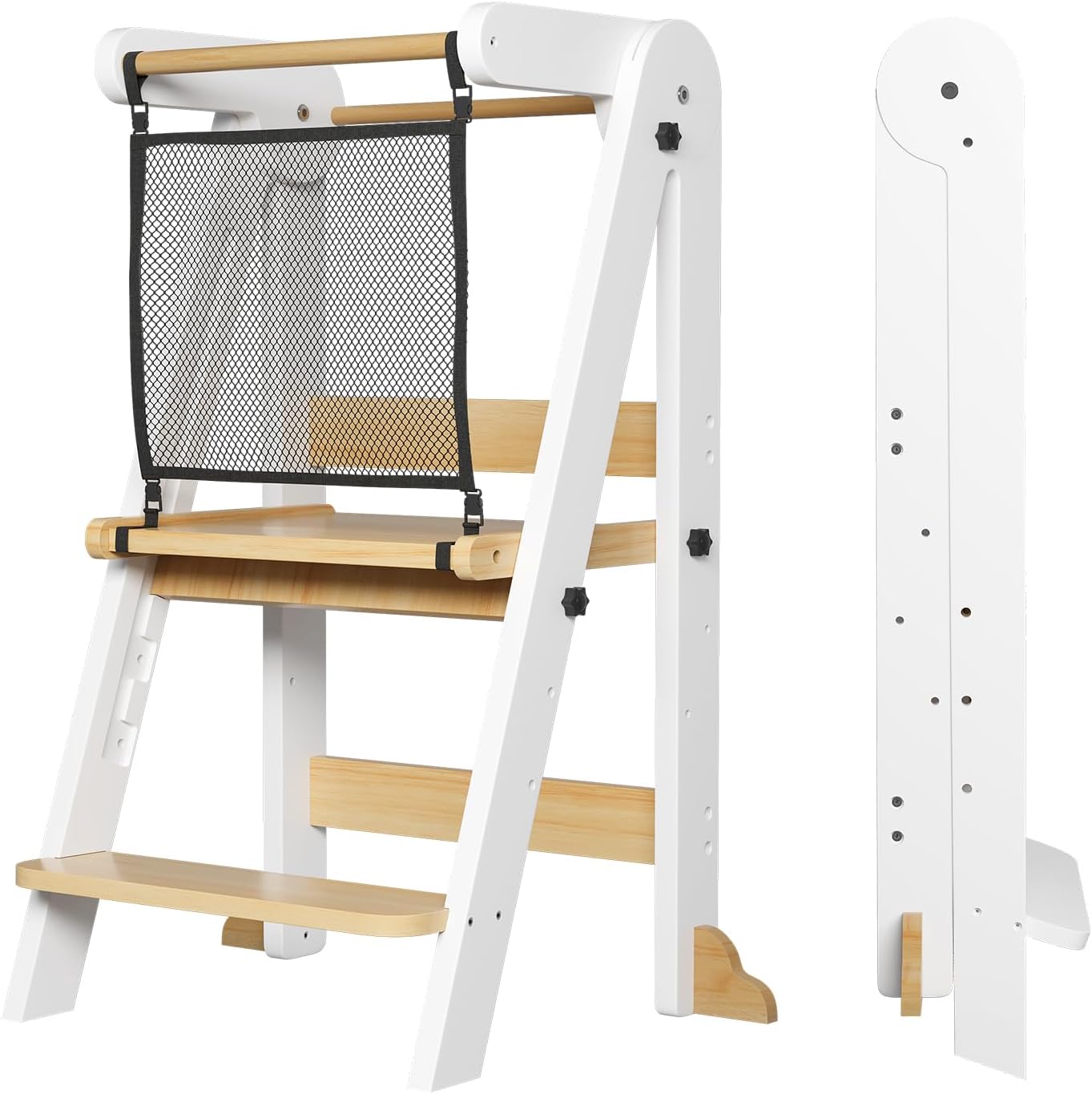 Foldable Toddler Kitchen Tower, 3 Adjustable Height Wooden Step Stool, Toddler Standing Tower with Safety Net