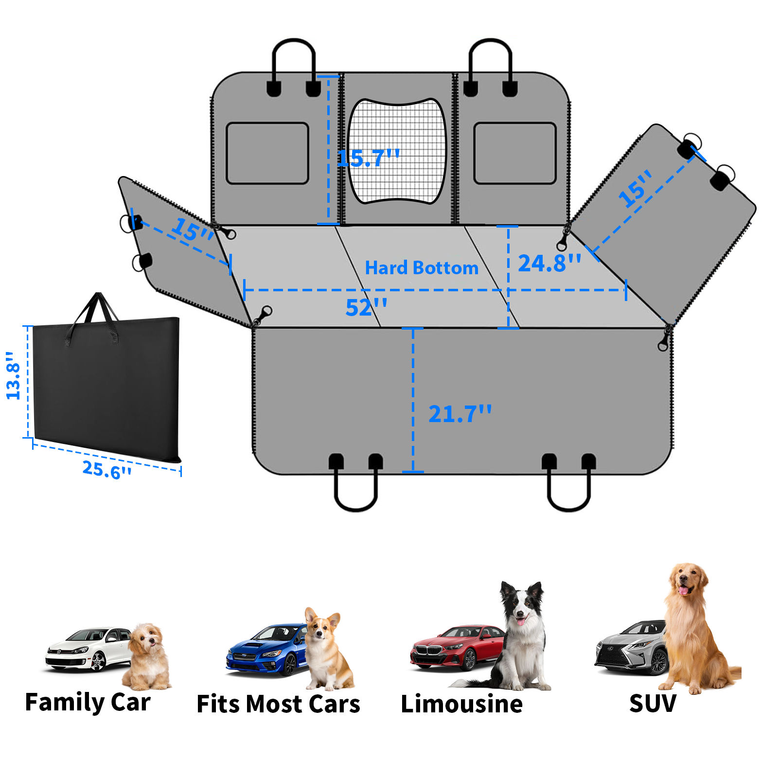 Dog Car Seat with Detachable Hard Bottom, Waterproof Back Seat Extender for Dogs