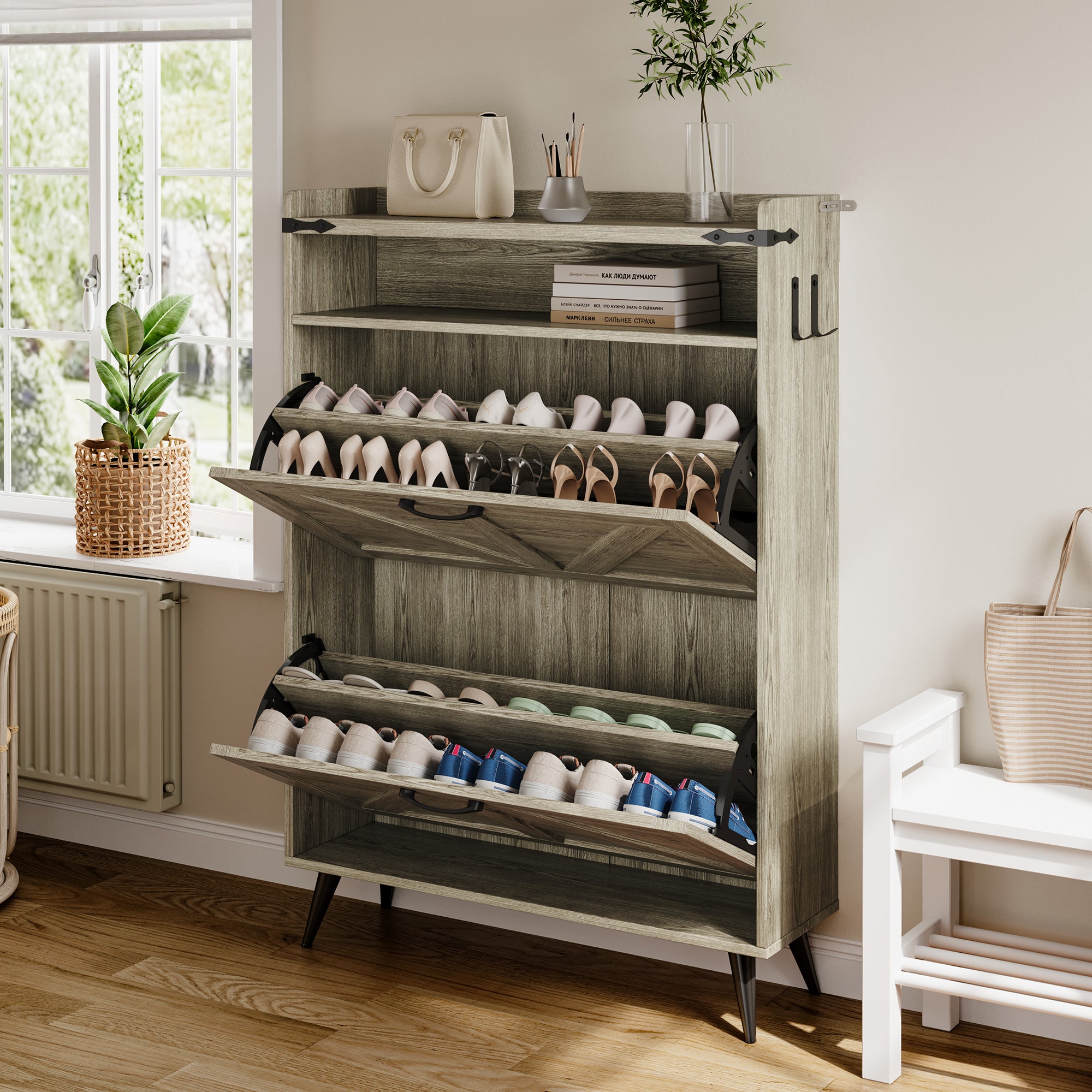 Farmhouse Shoe Rack, Freestanding Shoe Cabinet with 2 Flip Drawers for Entryway