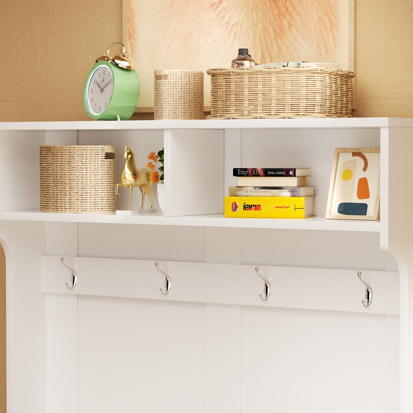 Branda Entryway Hall Tree with Bench and Shoe Storage, Coat Rack with Bench Shoe Storage with Slide Organizer Cabinet Drawer Barn Door and Adjustable Shelf
