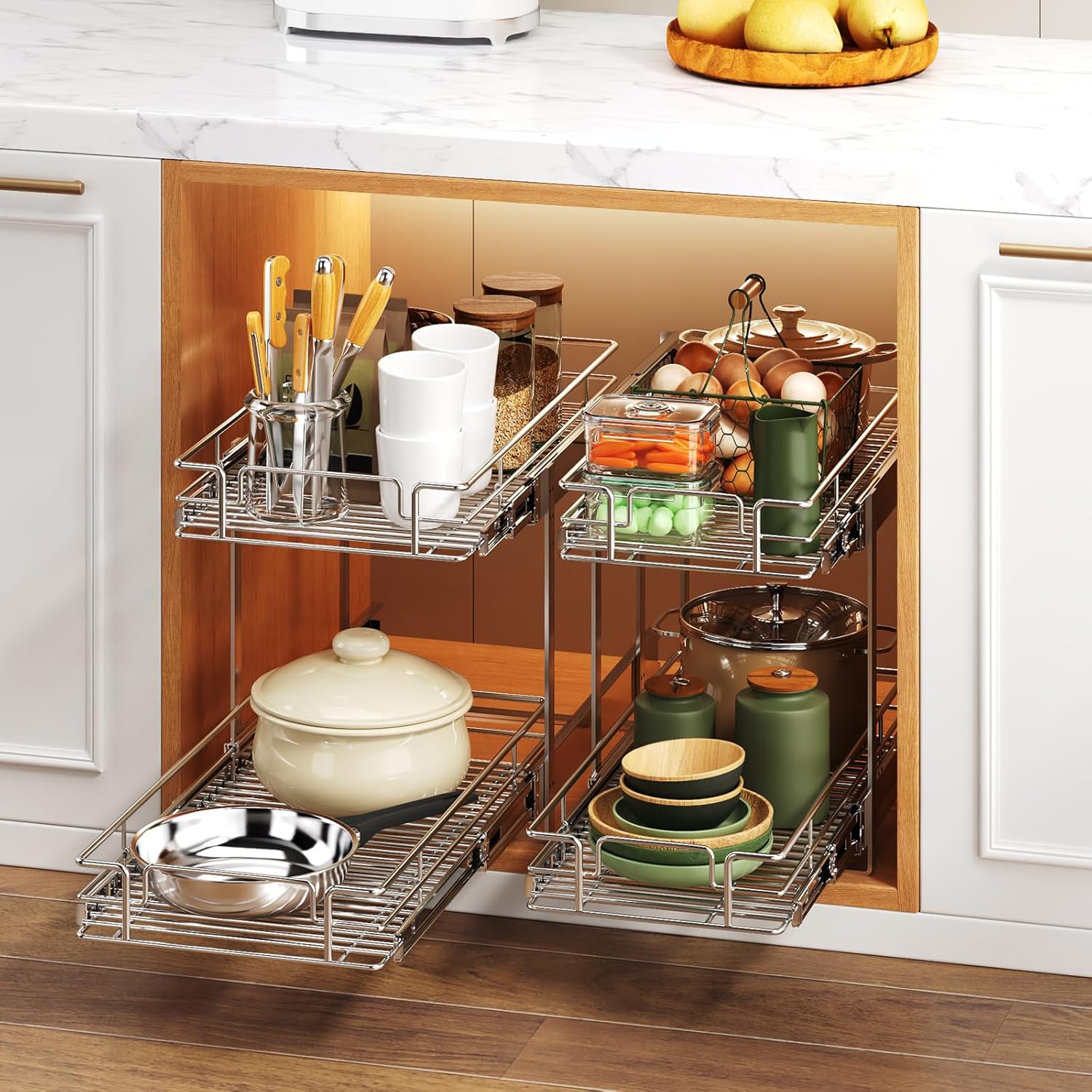 2 Tier Individual Pull Out Cabinet Organizer 13½" W x 21½" D, Heavy Duty Cabinet Pull Out Shelves