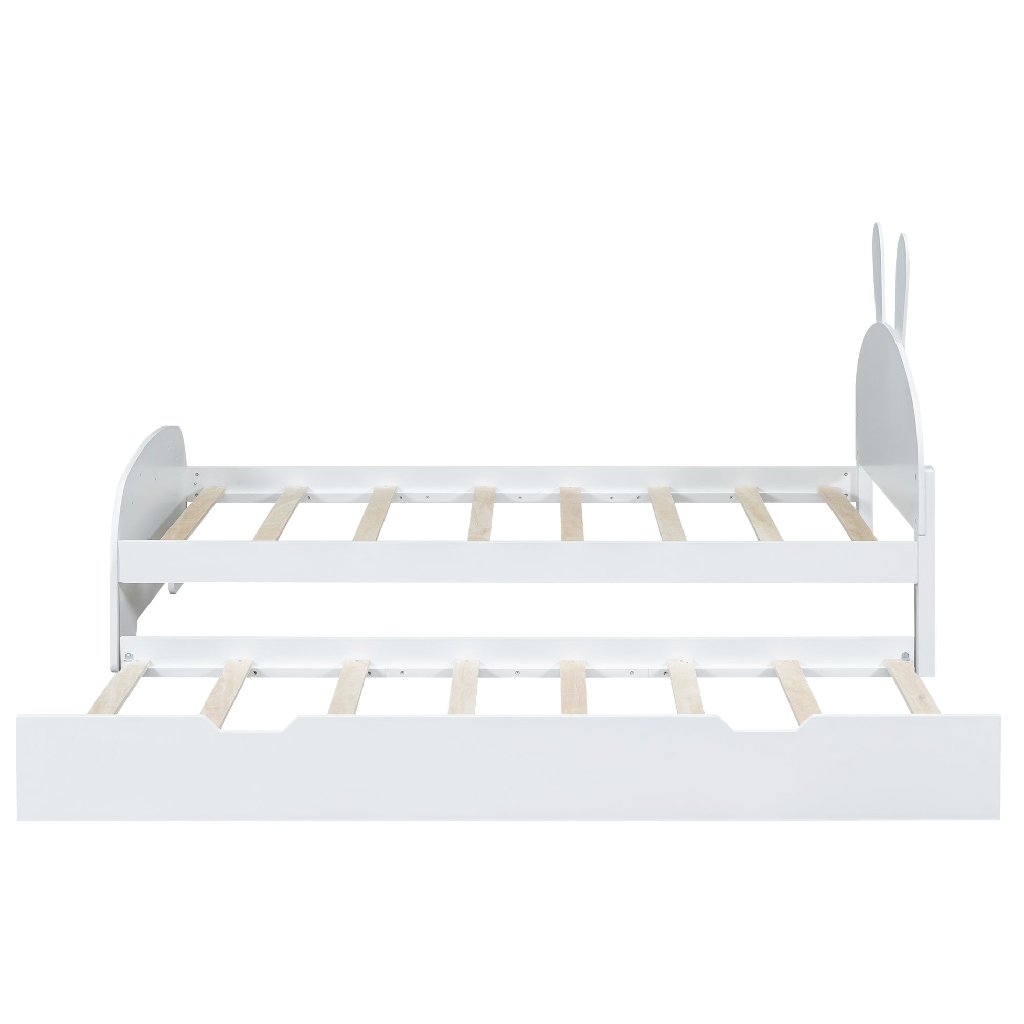 Wood Twin Size Platform Bed with Cartoon Ears Shaped Headboard and Trundle, White