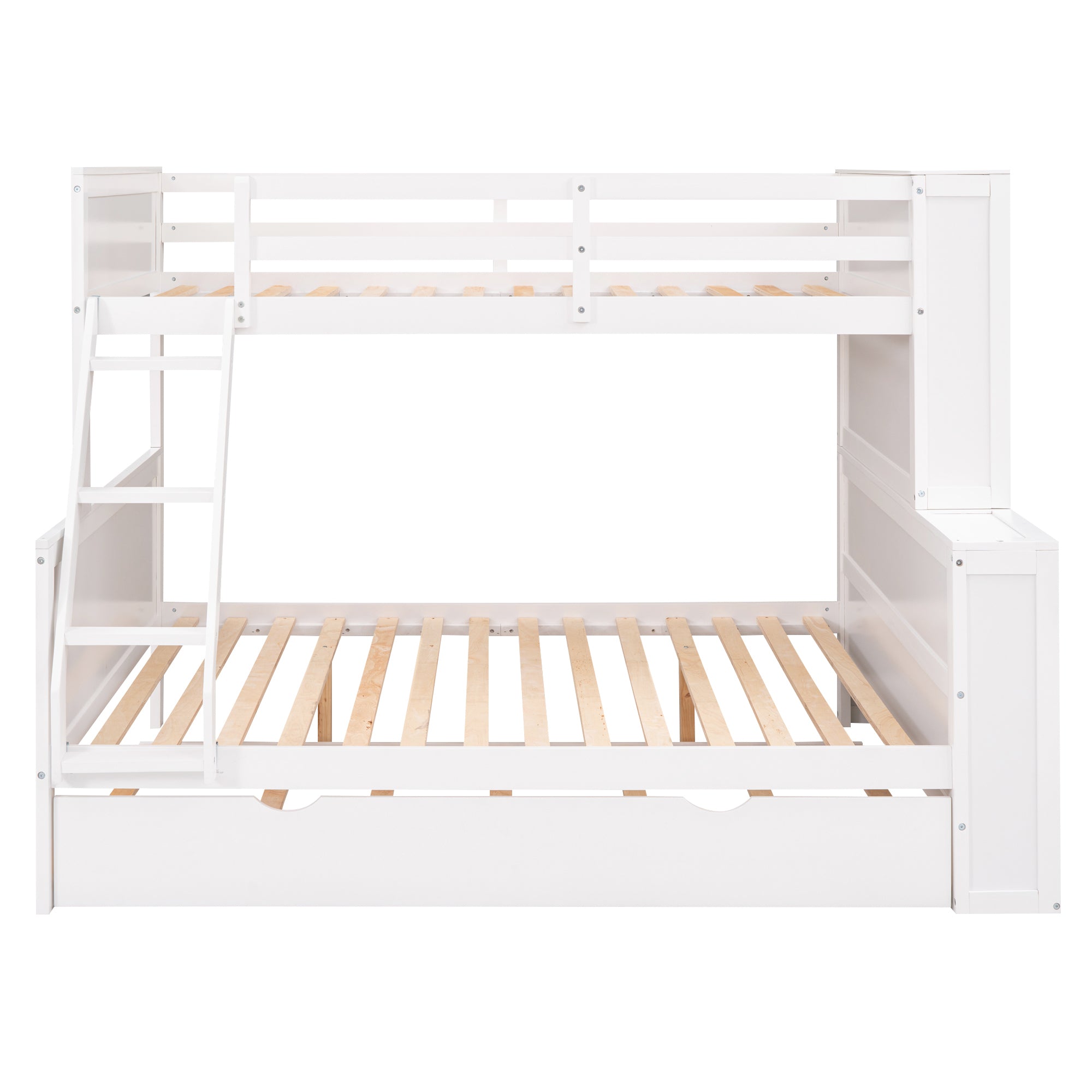 Twin over Full Bunk Bed with Trundle and Shelves, can be Separated into Three Separate Platform Beds, White