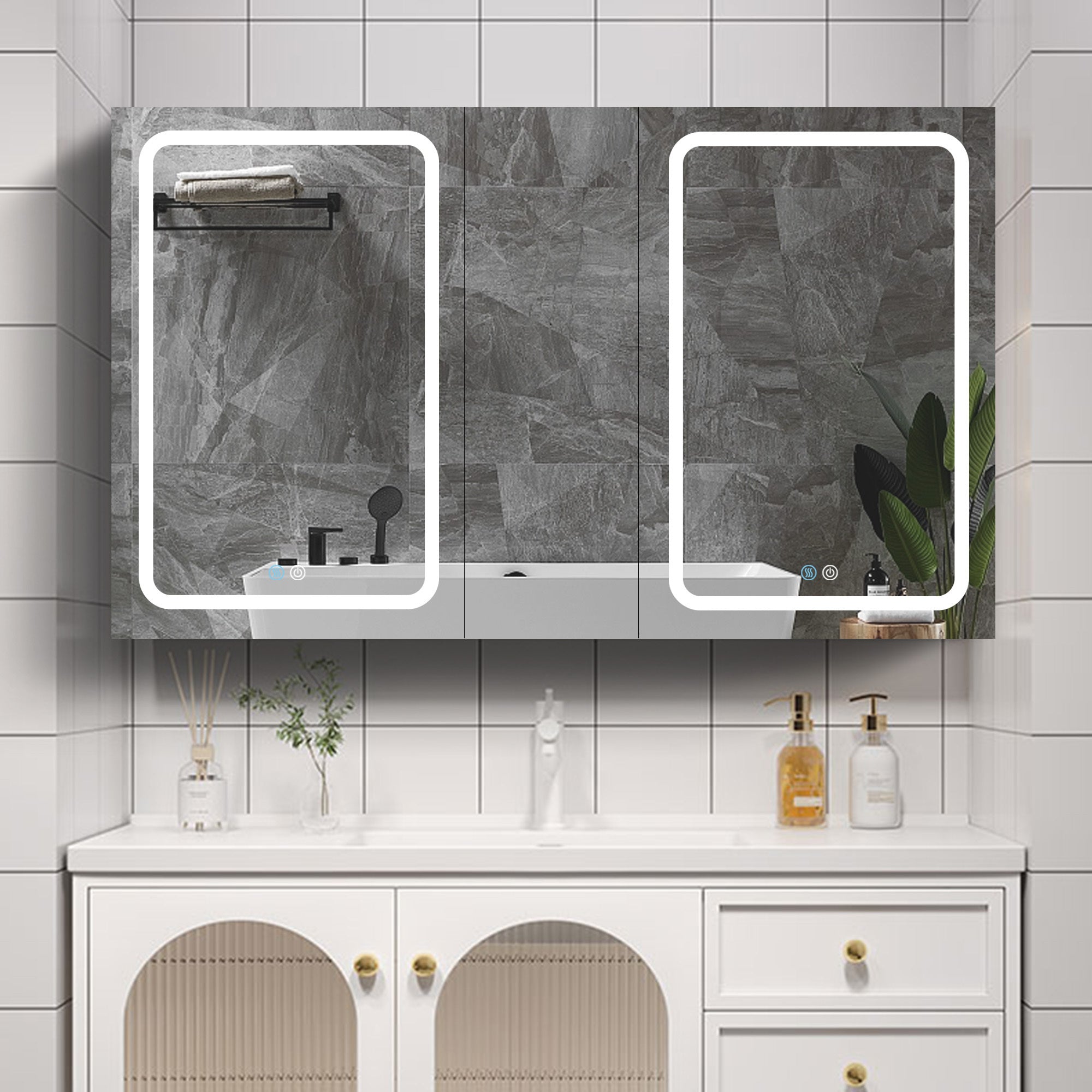 50x30 Inch LED Bathroom Medicine Cabinet Surface Mount Double Door Lighted Medicine Cabinet, Medicine Cabinets for Bathroom with Mirror Defogging, Dimmer White