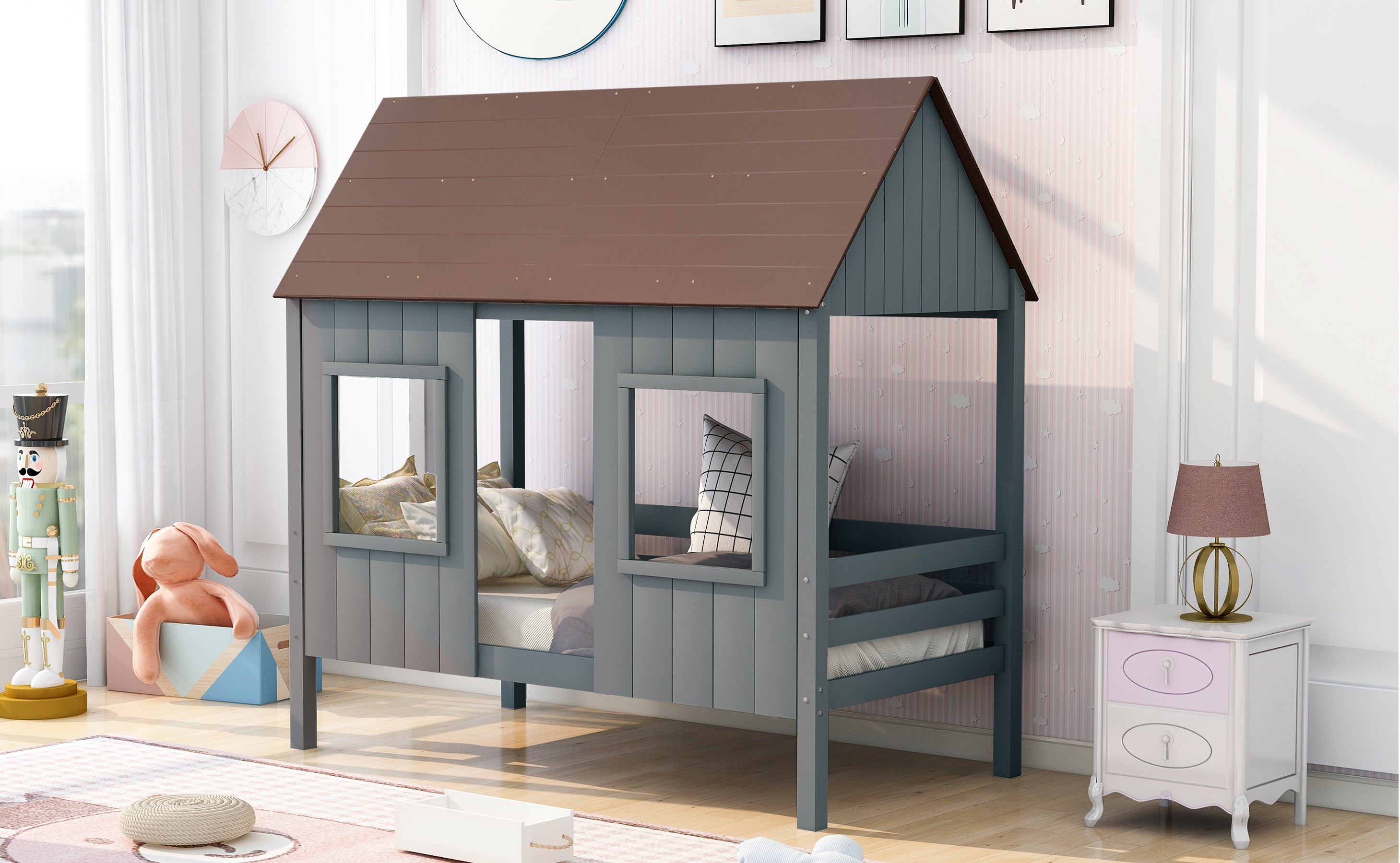 Twin Size Low Loft Wood House Bed with Two Front Windows, (Gray+ Brown)(OLD SKU:LP000039AAL)