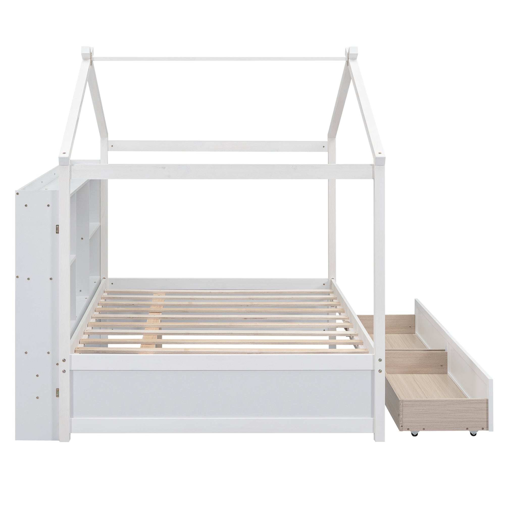 Full Size House Bed with Storage Shelves and 2 Drawers, Brushed White