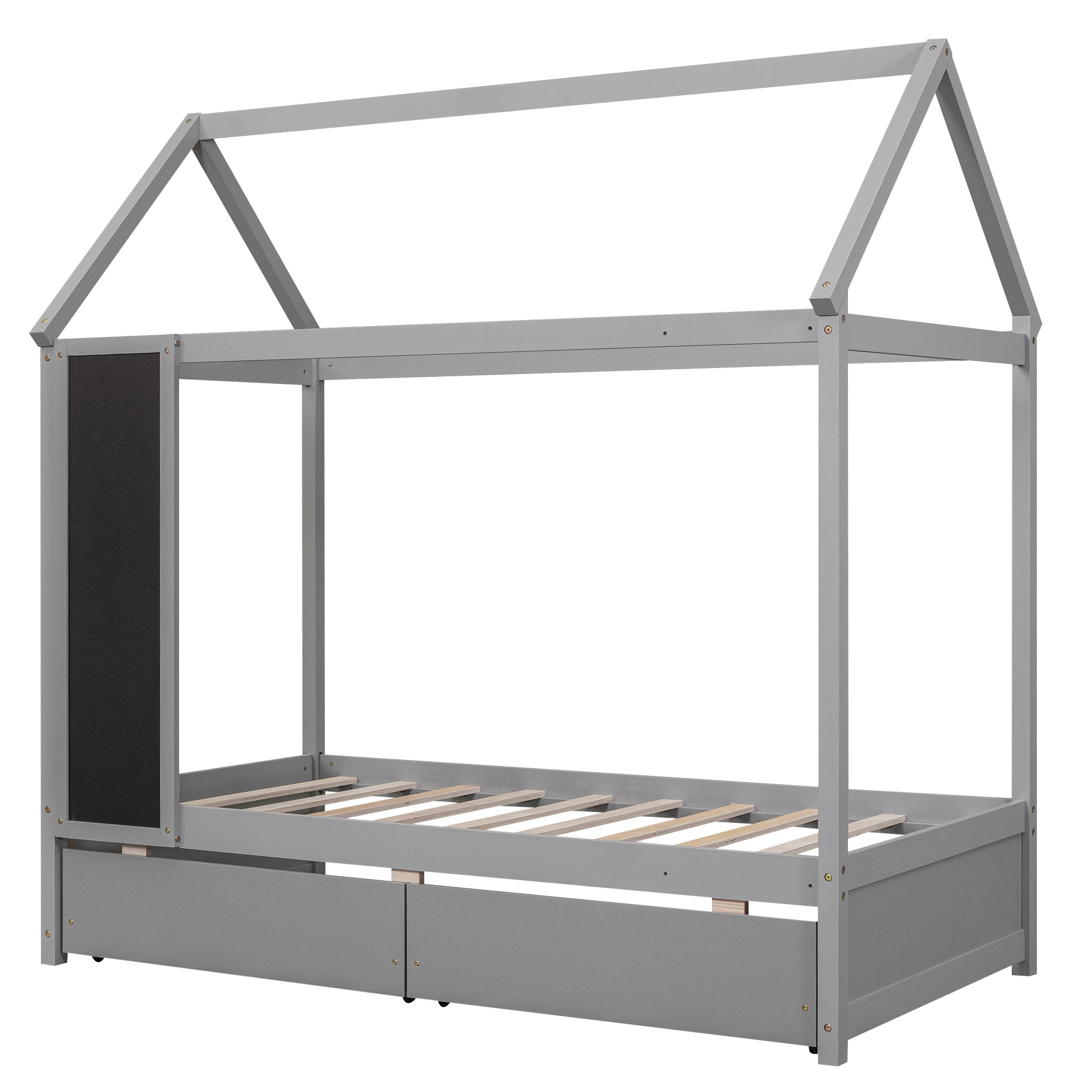 Twin Size House Bed with Drawers and Blackboard, Gray