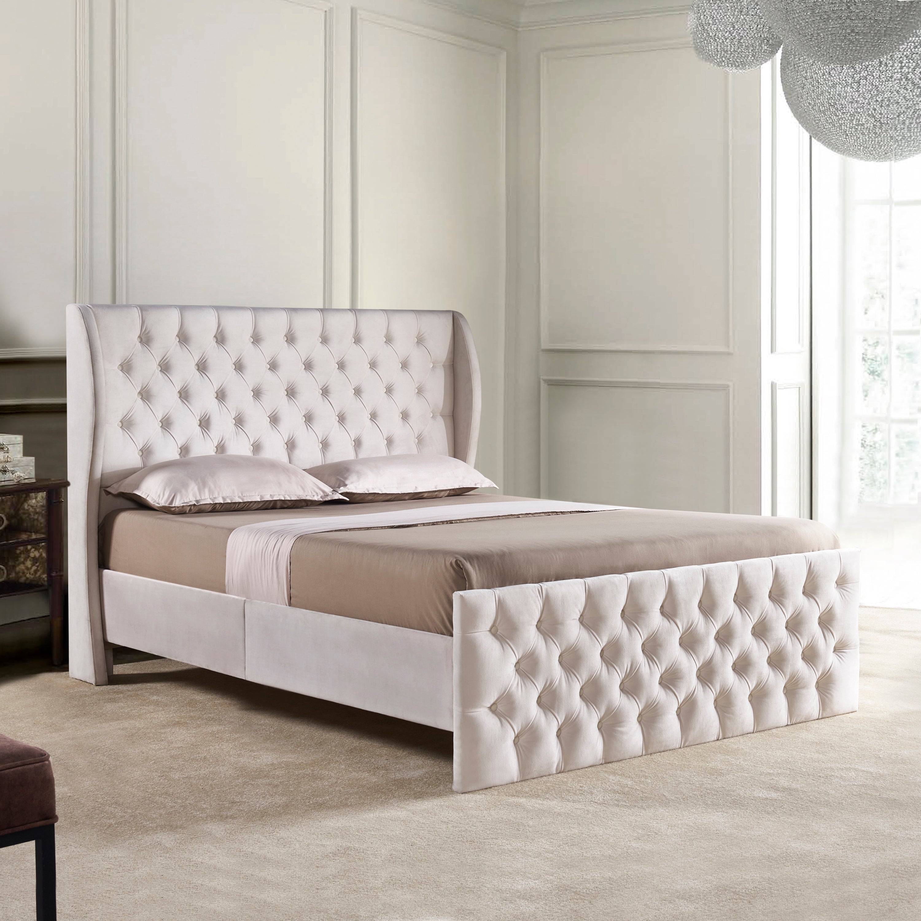 Rodeo Drive Collection Upholstered Wingback Velvet Fabric Chesterfield Bed/Button Tufted Headboard with Vintage Wing/Wood Slat Support/Easy Assemble. King-White