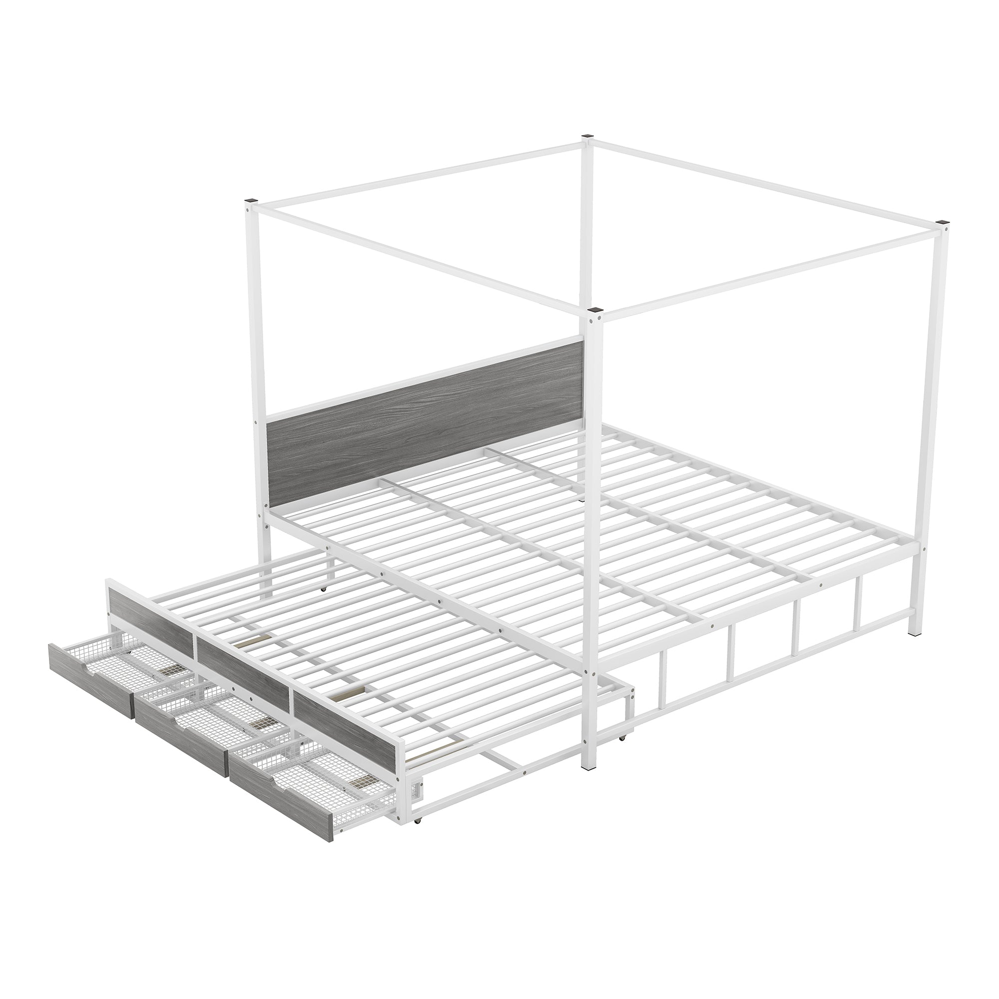 Queen Size Metal Canopy Platform Bed with Twin Size Trundle and 3 Storage Drawers, White