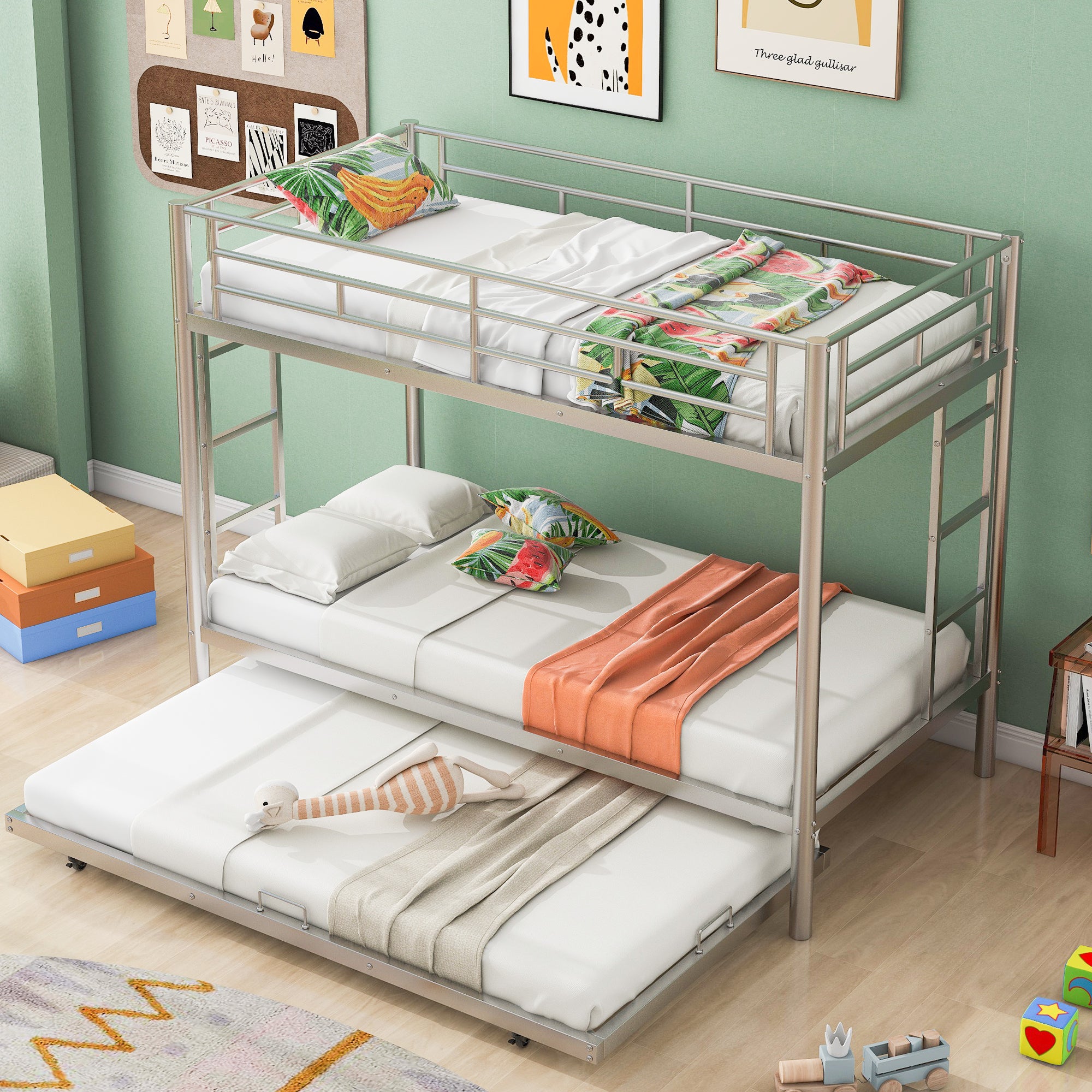 Twin over Twin Bunk Bed with Trundle, Silver