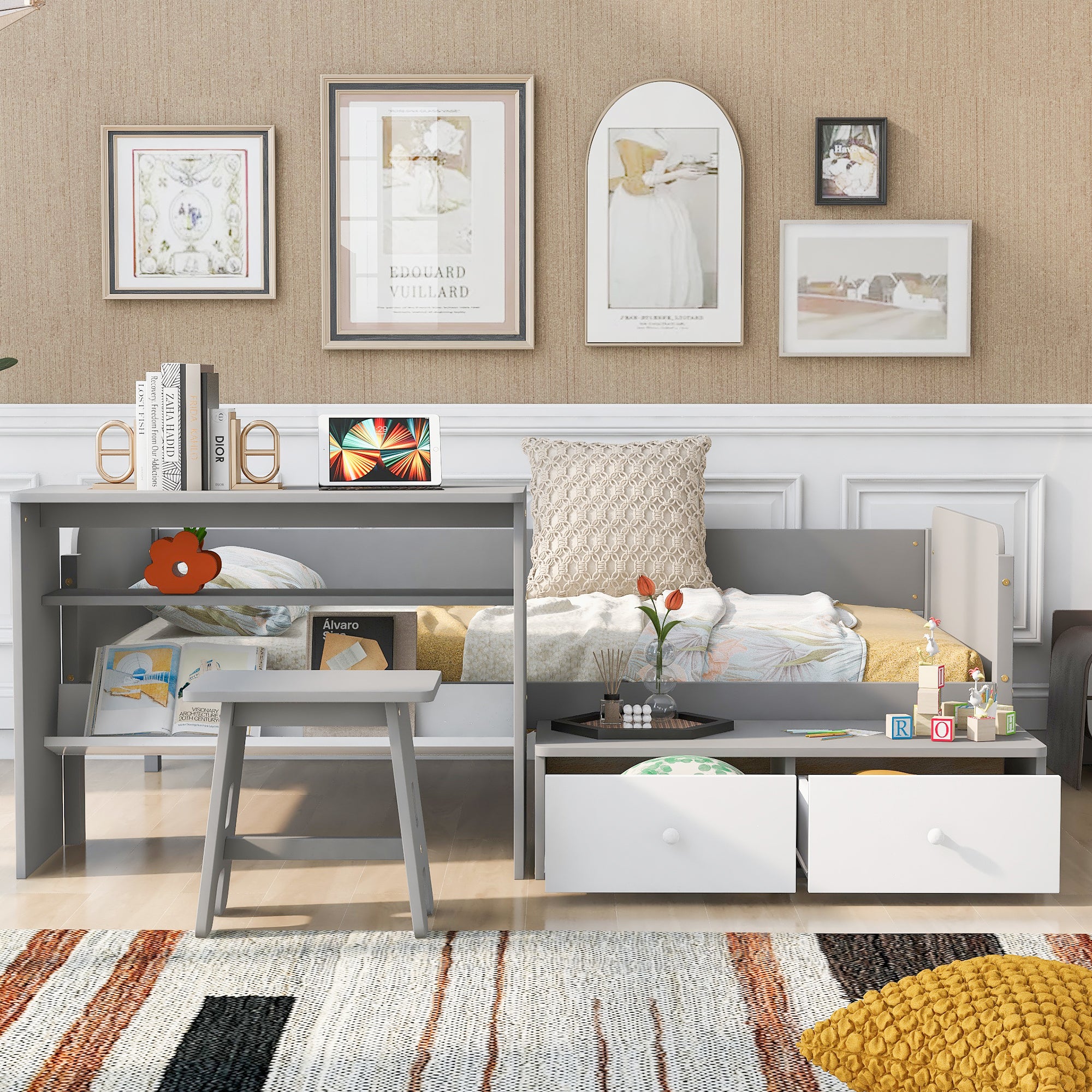 Wood Twin Size Platform Bed with 2 Drawers and 1 Chair&Desk Set, Gray+White(Expected Arrival Time: 11.22)