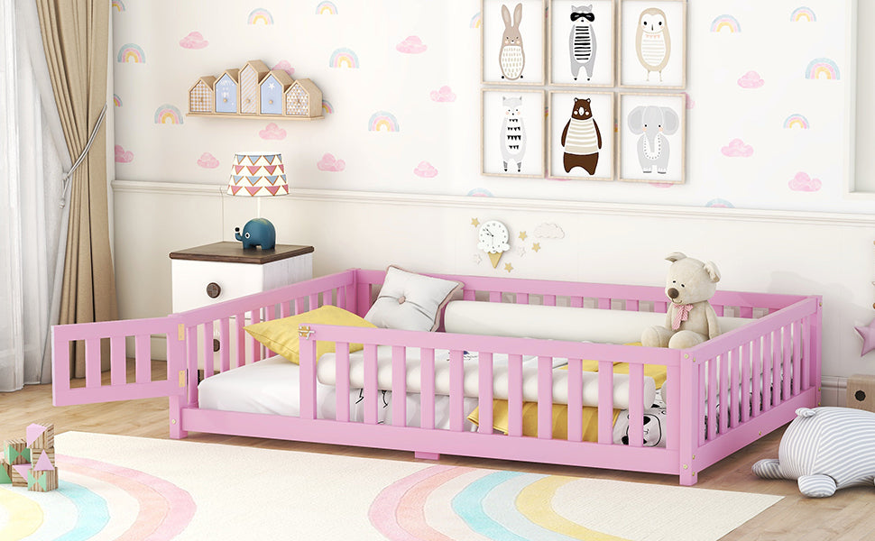 Full Size Bed Floor Bed with Safety Guardrails and Door for Kids, Pink (Expect Arrival Date Nov.2nd)