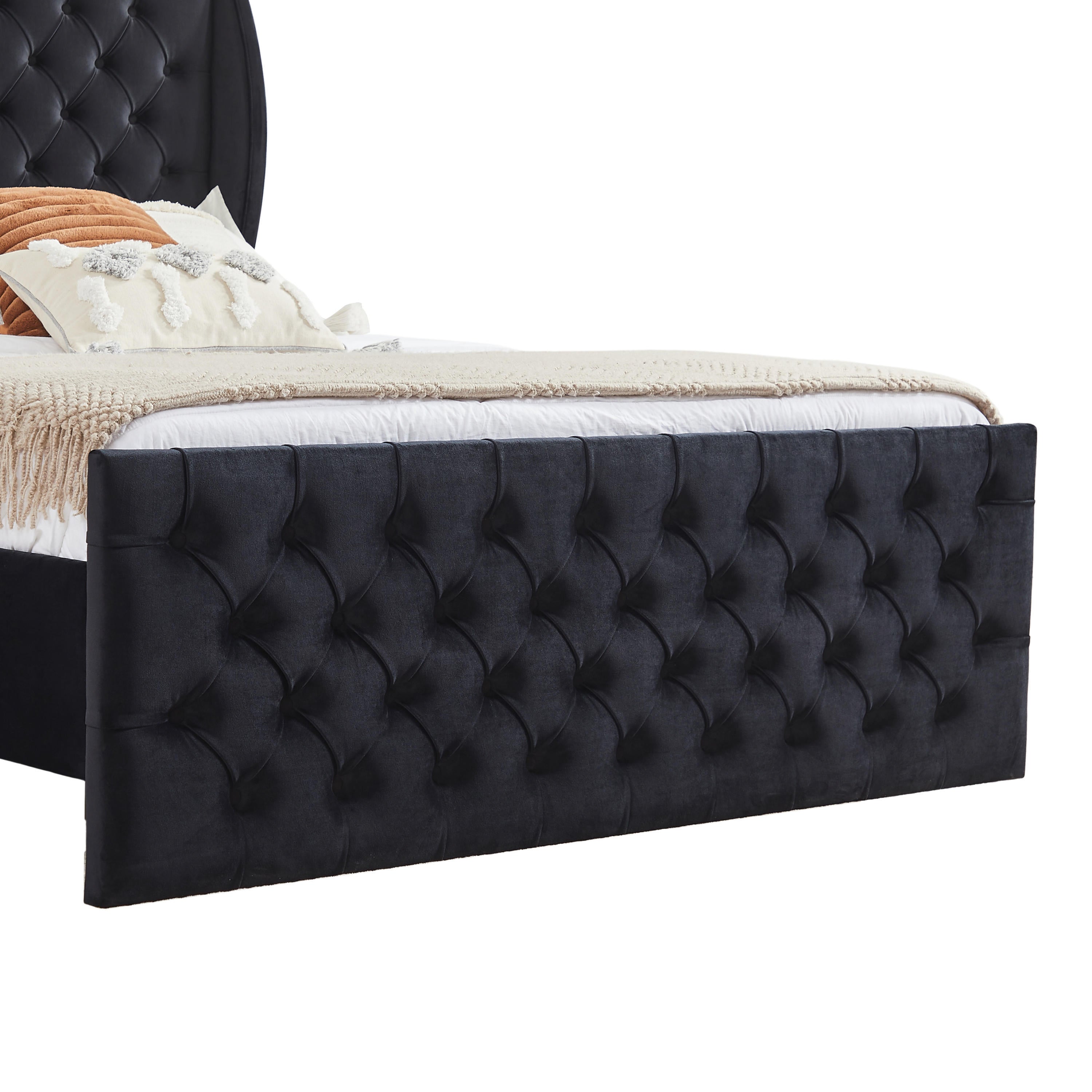 Rodeo Drive Collection Upholstered Wingback Velvet Fabric Chesterfield Bed/Button Tufted Headboard with Vintage Wing/Wood Slat Support/Easy Assemble. King-Black