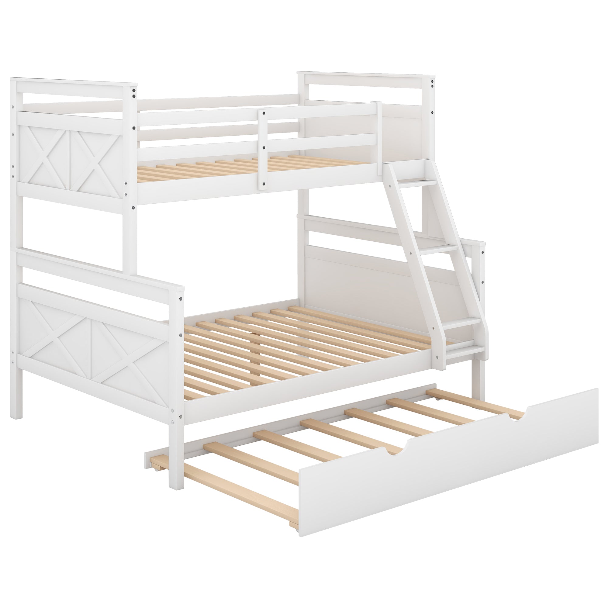 Twin over Full Bunk Bed with Ladder, Twin Size Trundle, Safety Guardrail, White