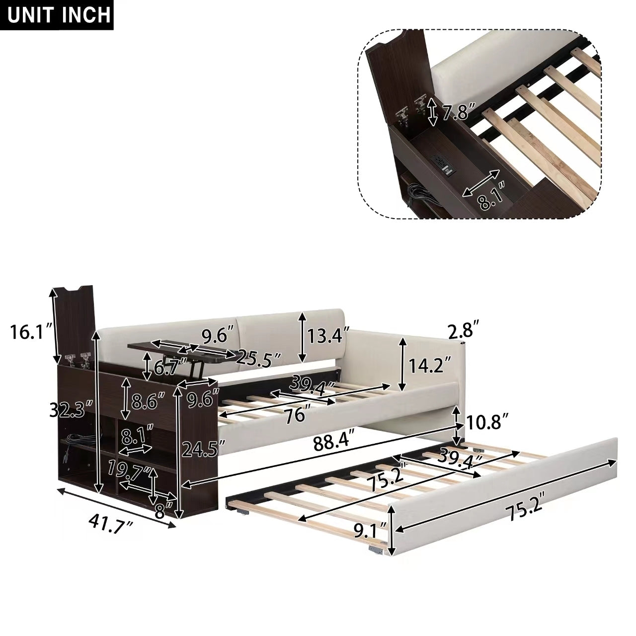 Twin Size Upholstery Daybed with Storage Arm, Trundle, Cup Holder and USB Design, Beige