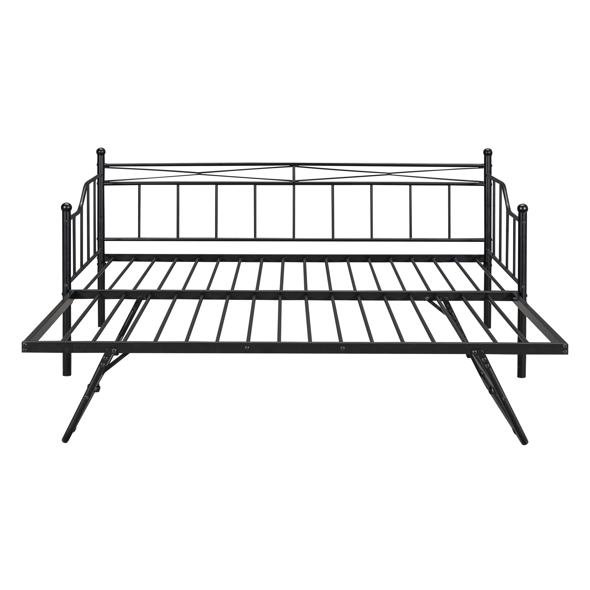 Twin Size Metal Daybed with Twin Size Adjustable Trundle, Portable Folding Trundle, Black