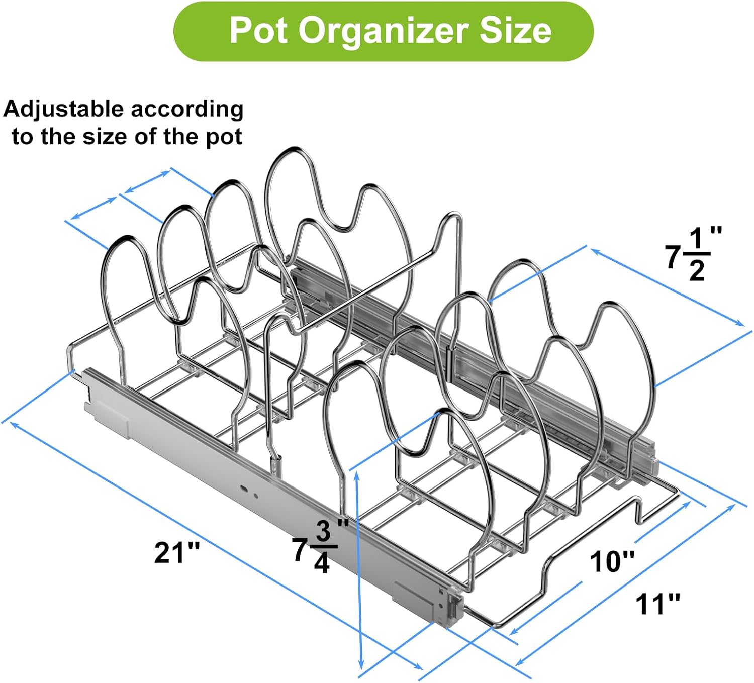 Pull Out Pots and Pans Organizer for Cabinet, Adjustable Slide Out Pan and Pot Lid Rack Holder Under Cabinet Kitchen Organization and Storage, Cutting Board Bakeware Tray Organizer-11in.W x 21in.D
