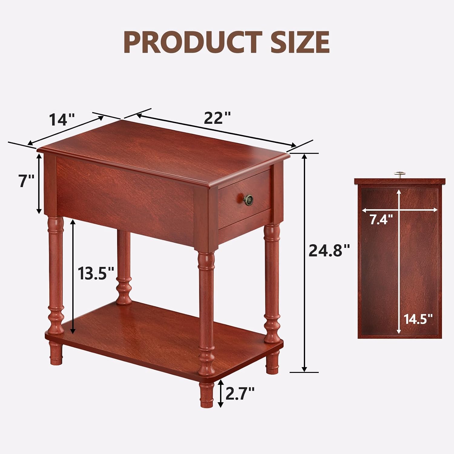 Solid Wood End Table with Drawer and Shelf | Narrow Side Table Living Room, Vintage Wood Narrow Sofa Side Table, Nightstand for Bedroom