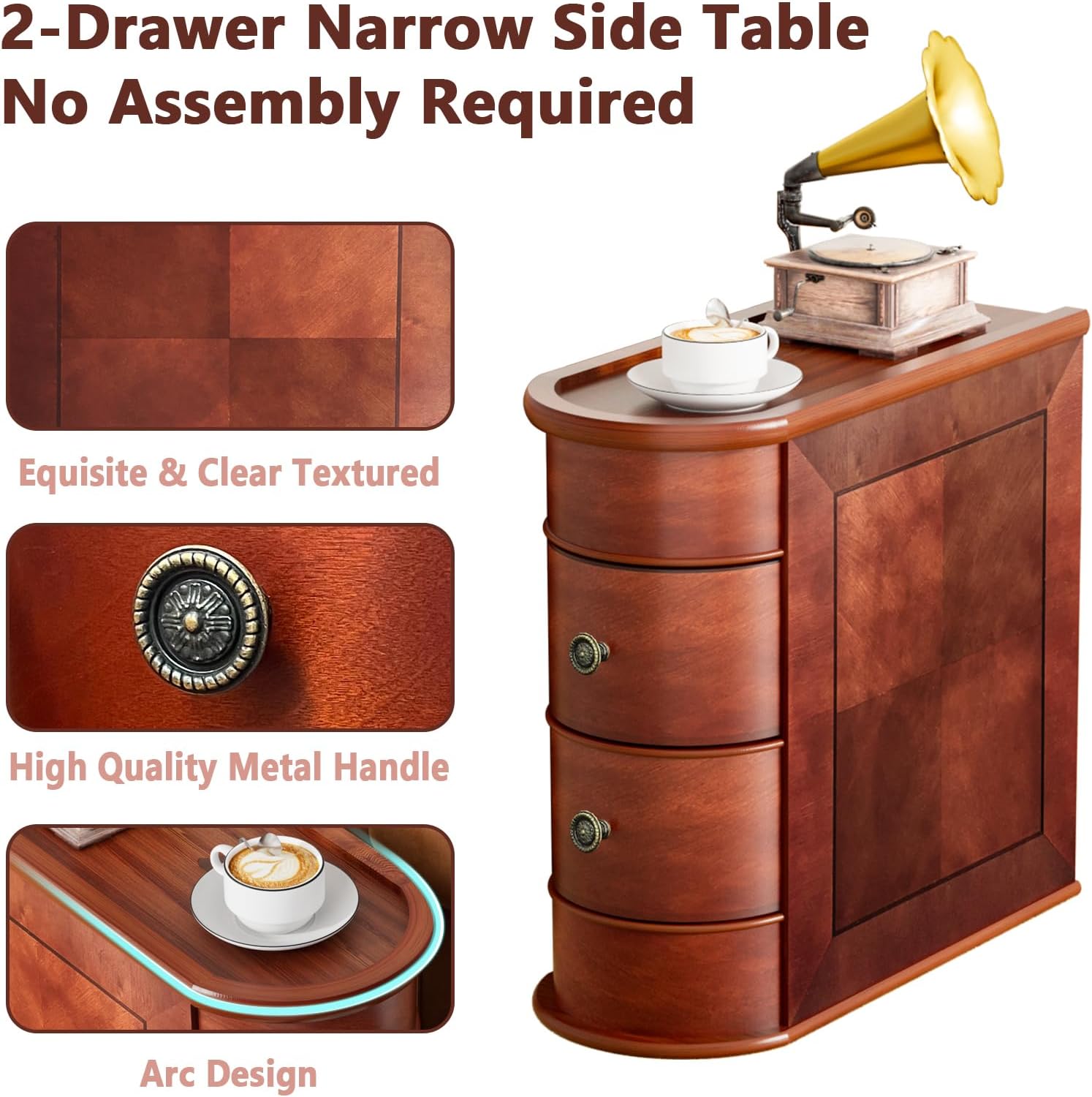 Solid Wood Narrow End Table, Fully Assembled Side Table Living Room | Slim Side Table with 2 Drawers, Vintage Small Nightstand for Bedside Bedroom Small Spaces, Finished Back