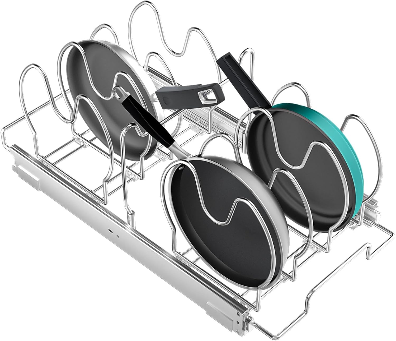 Pull Out Pots and Pans Organizer for Cabinet, Adjustable Slide Out Pan and Pot Lid Rack Holder Under Cabinet Kitchen Organization and Storage, Cutting Board Bakeware Tray Organizer-11in.W x 21in.D