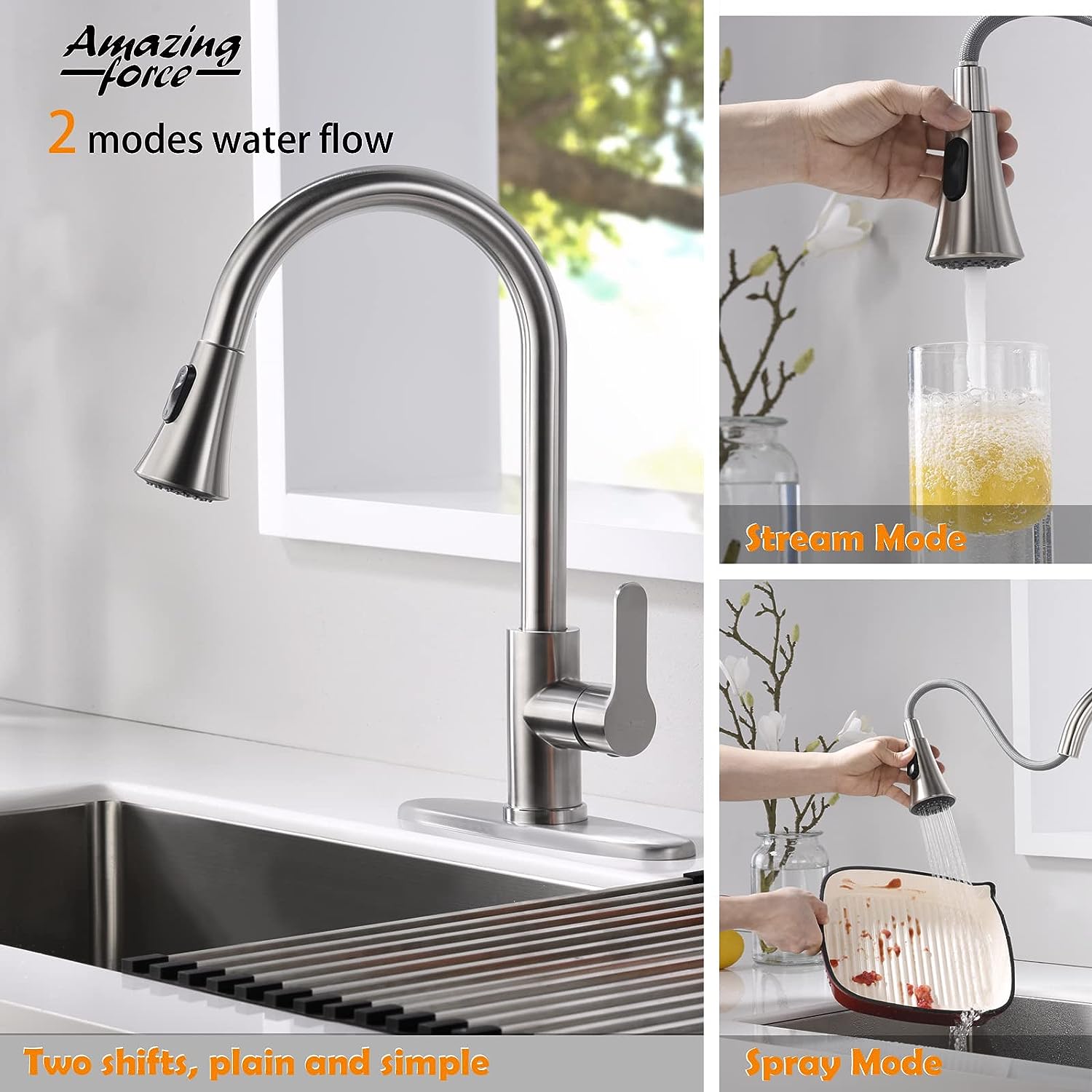 Brushed Nickel Kitchen Faucet with Pull Down Sprayer